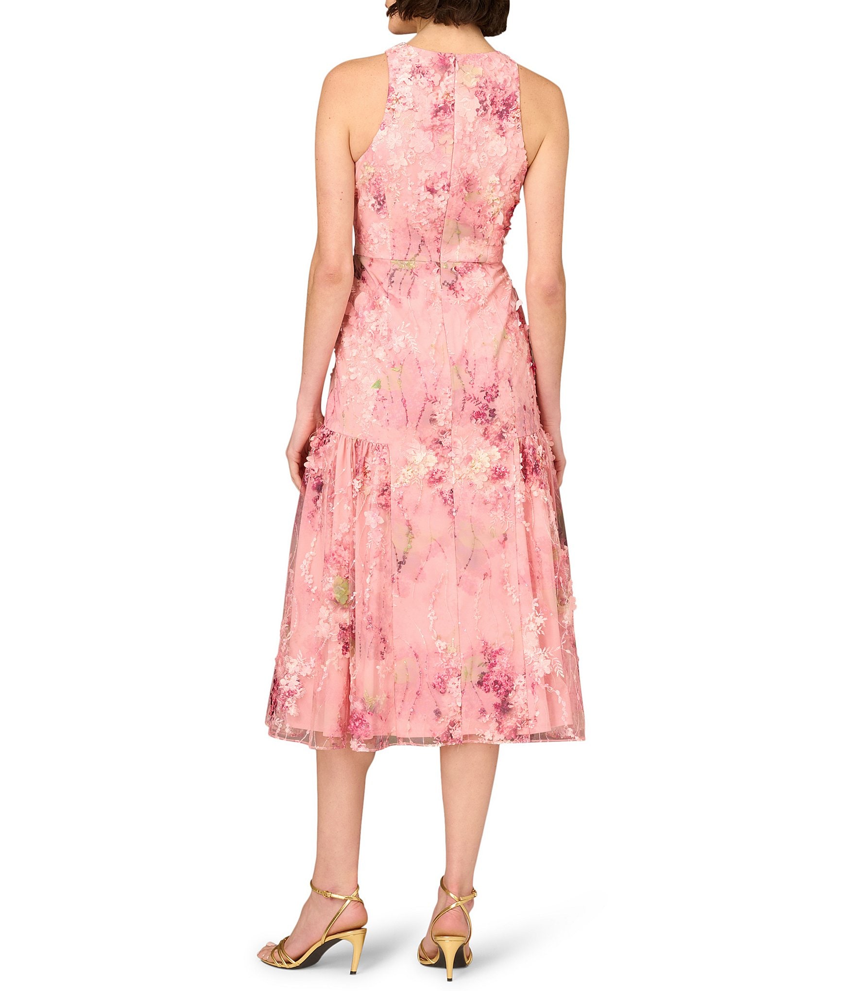 Aidan Mattox Round Neck Sleeveless 3D Embroidered Lace Trumpet Midi Dress