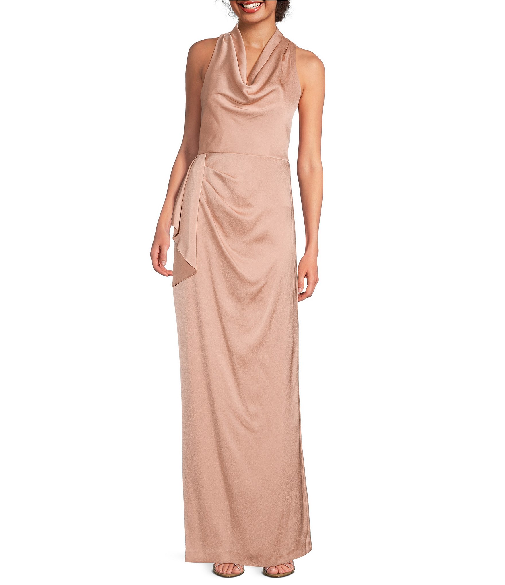 Aidan Mattox Satin Cowl Neck Sleeveless Side Ruffle Gown Dillard s