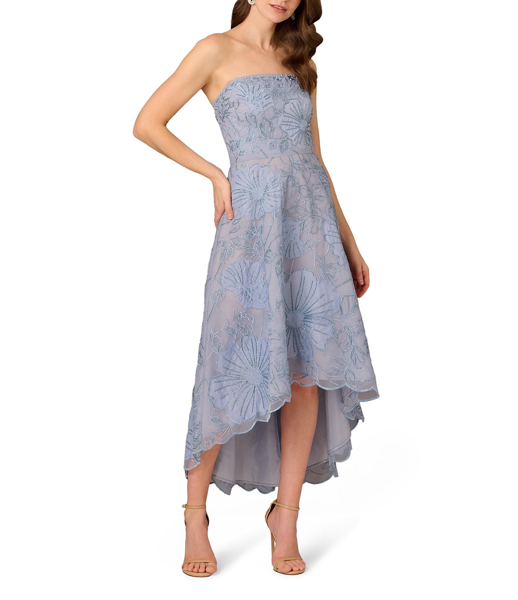Aidan Mattox Strapless Floral Embroidered Organza High Low Aline Midi Dress