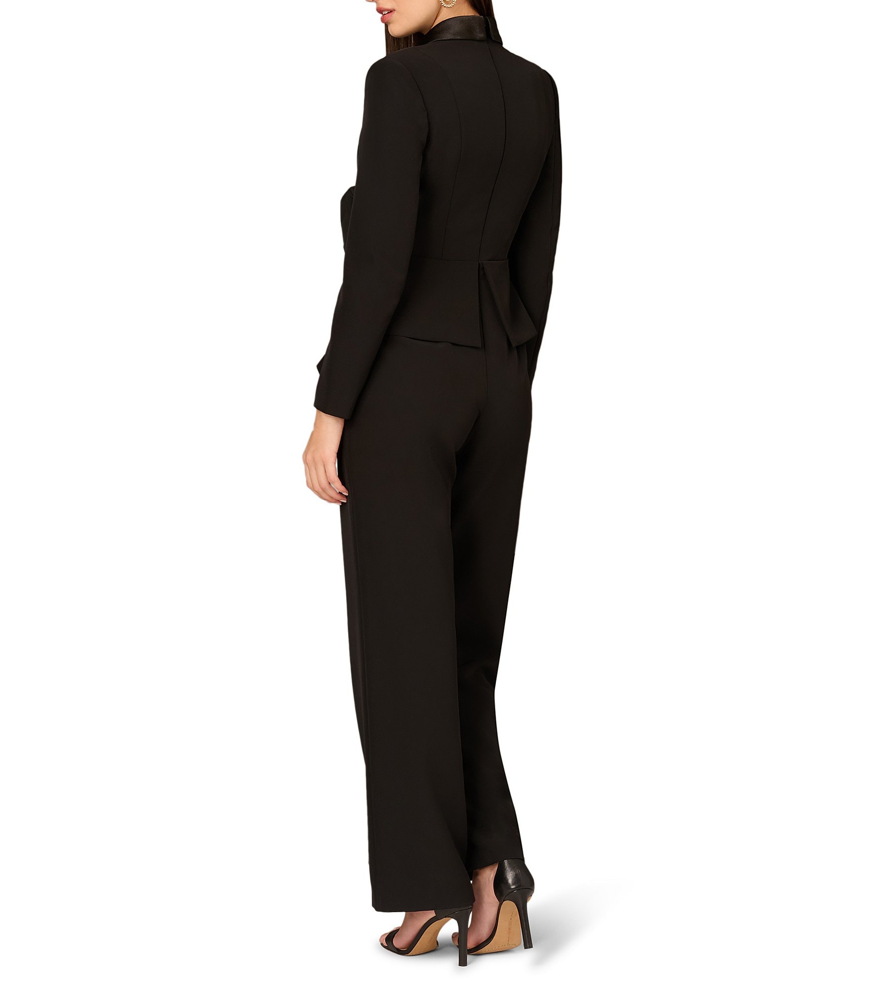 Aidan Mattox Stretch Crepe Shawl Collar Wide Leg Taffeta Bow Drape Jumpsuit