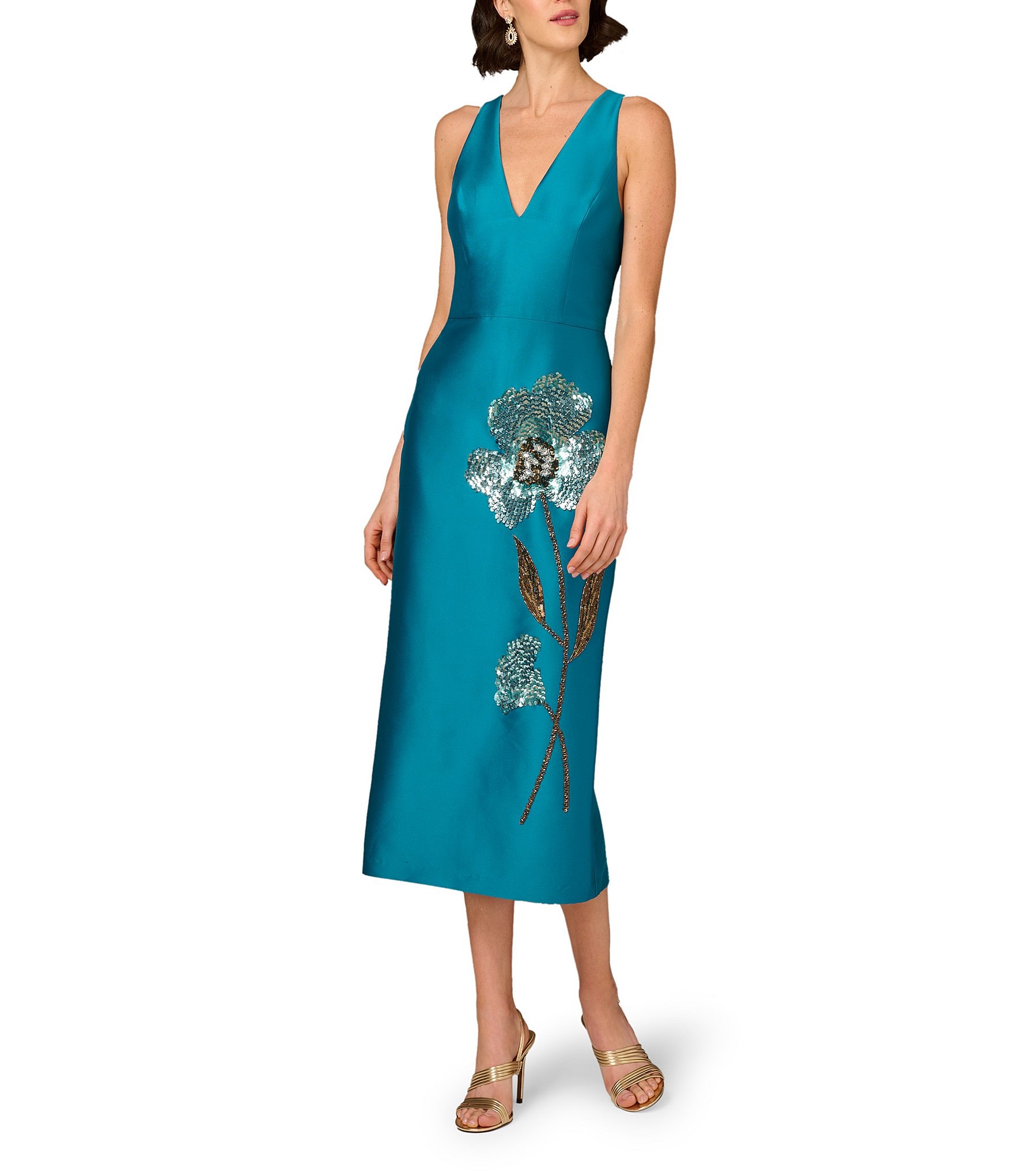Aidan Mattox Stretch Mikado V-Neck Beaded Sheath Midi Dress