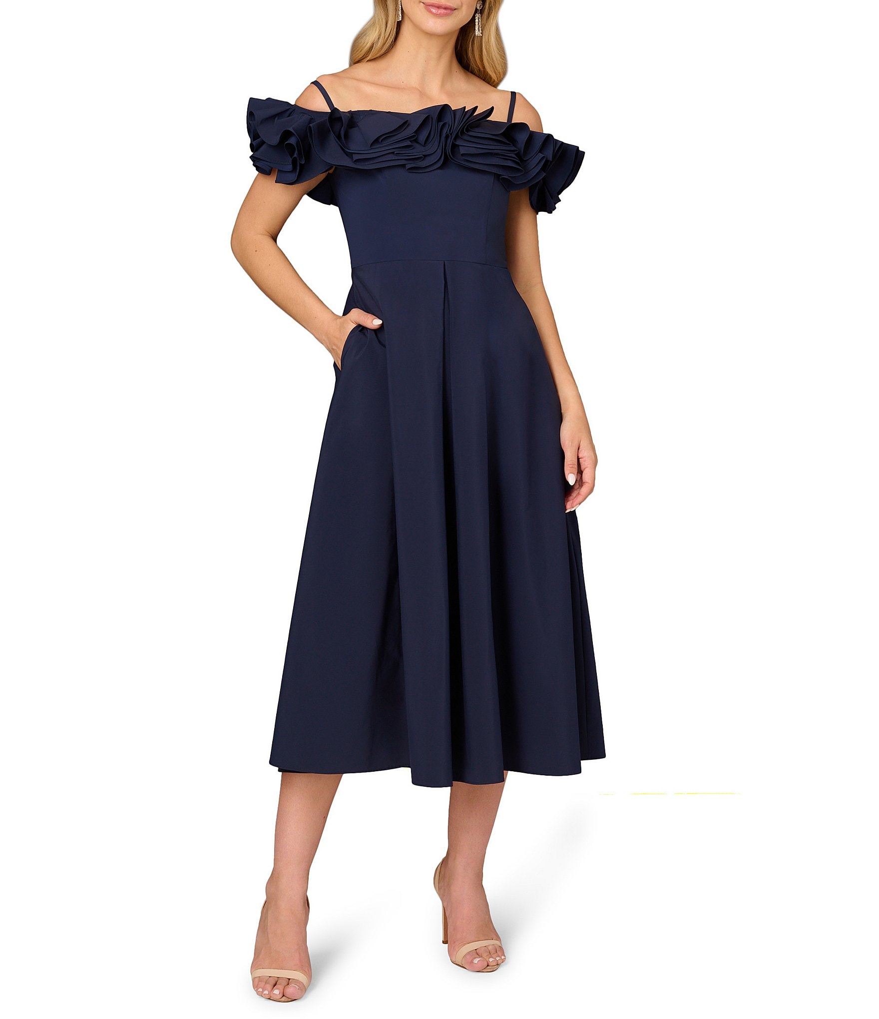 Aidan Mattox Stretch Taffeta V-Neck Ruffle Cold Shoulder