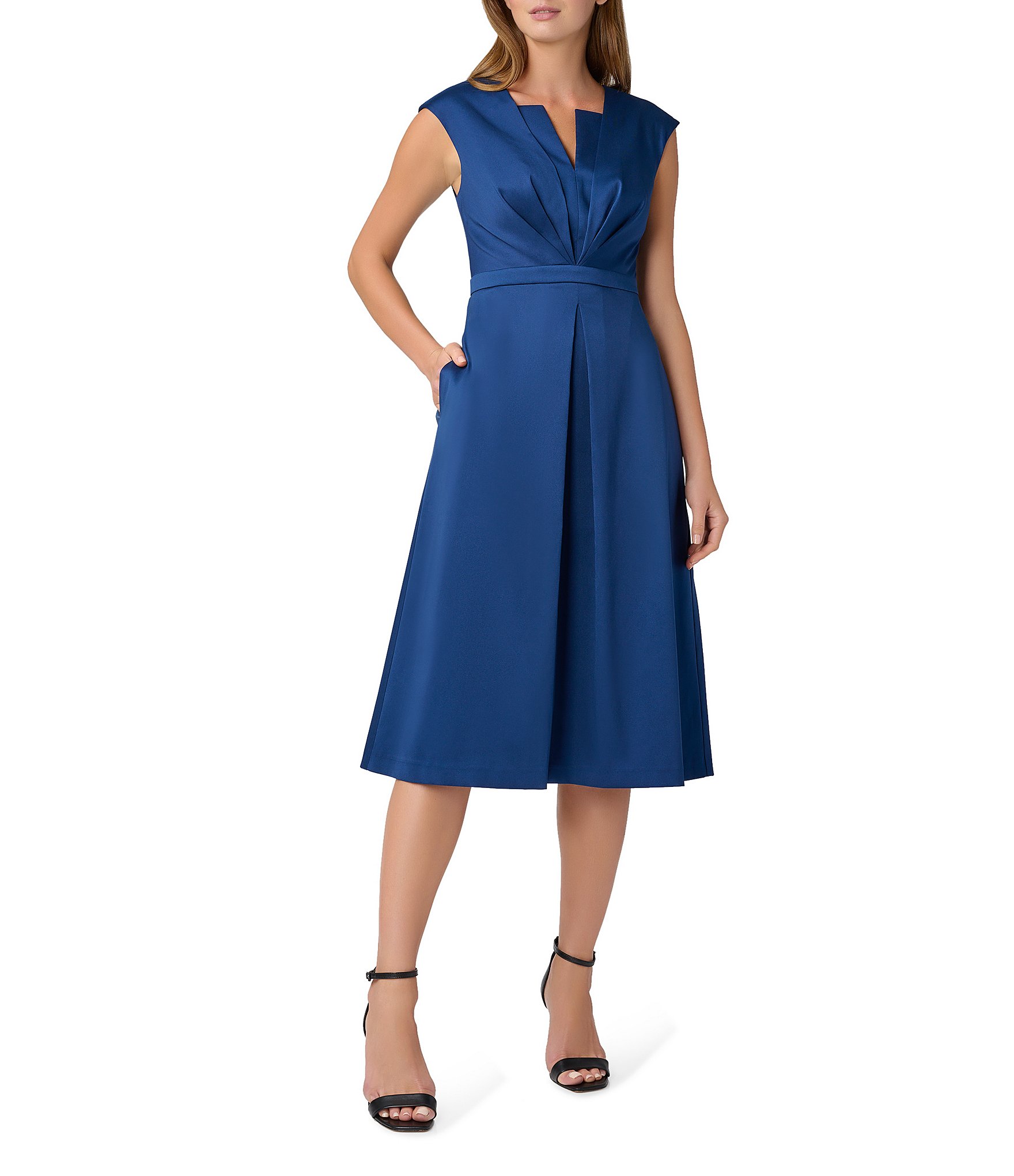 Aidan Mattox Stretch V Neck Cap Sleeve Pleated Bodice Midi Dress