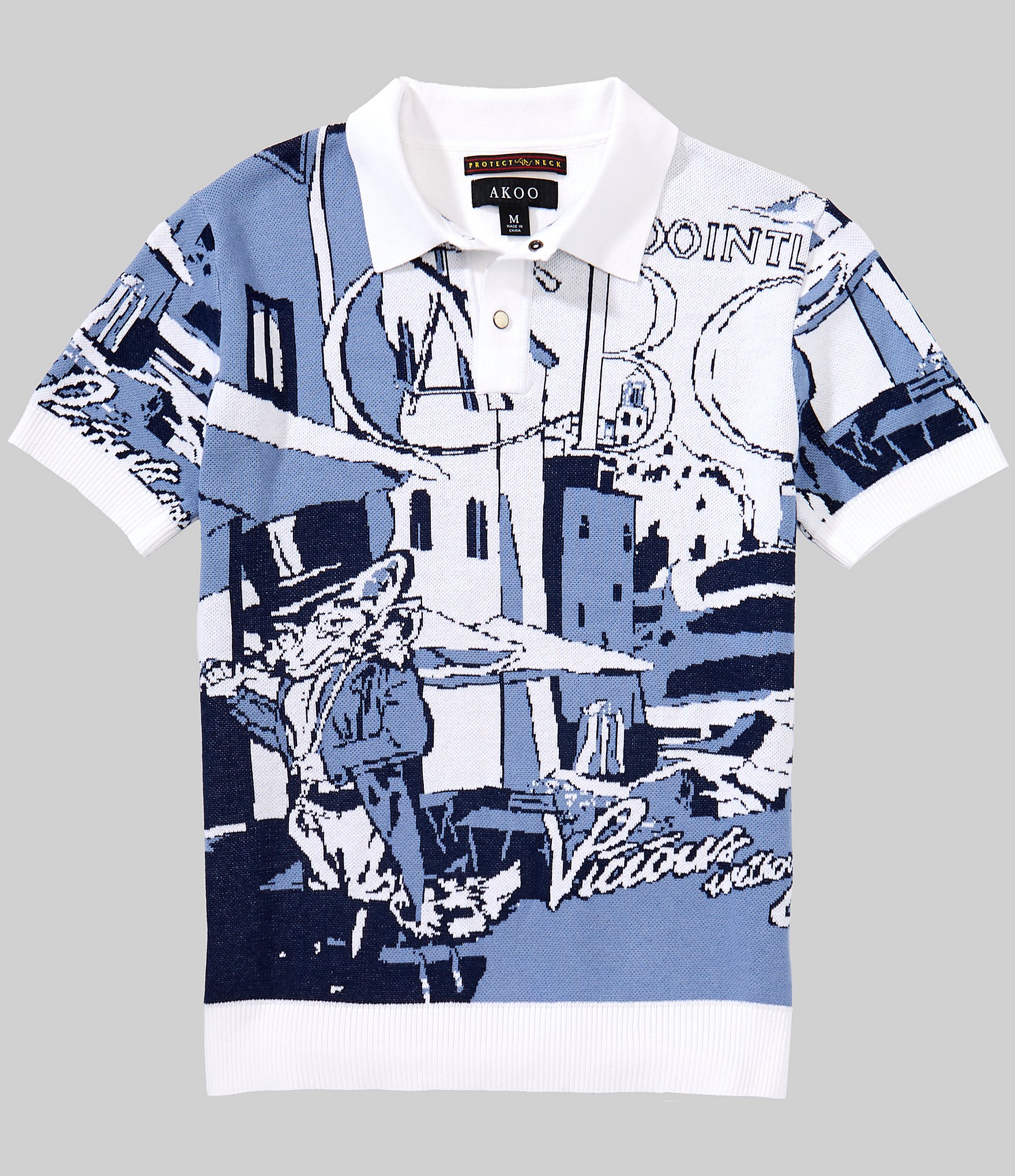 AKOO Relaxed Fit Short Sleeve Jacquard Front Panel Knit Sweater Polo