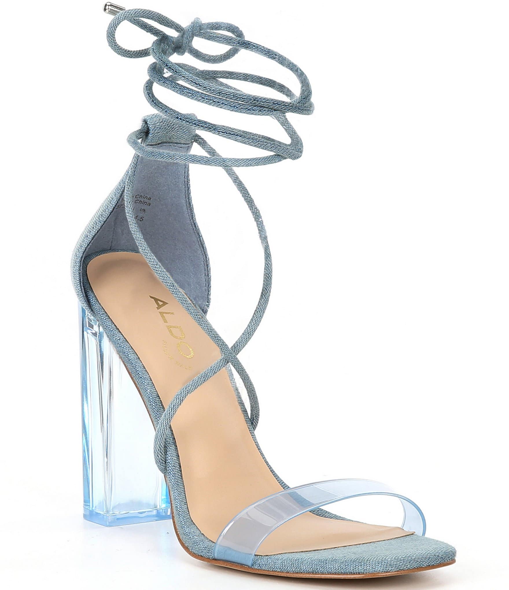 Aldo Onardonia Denim Strappy Ankle Wrap Clear Lucite Heel Sandals