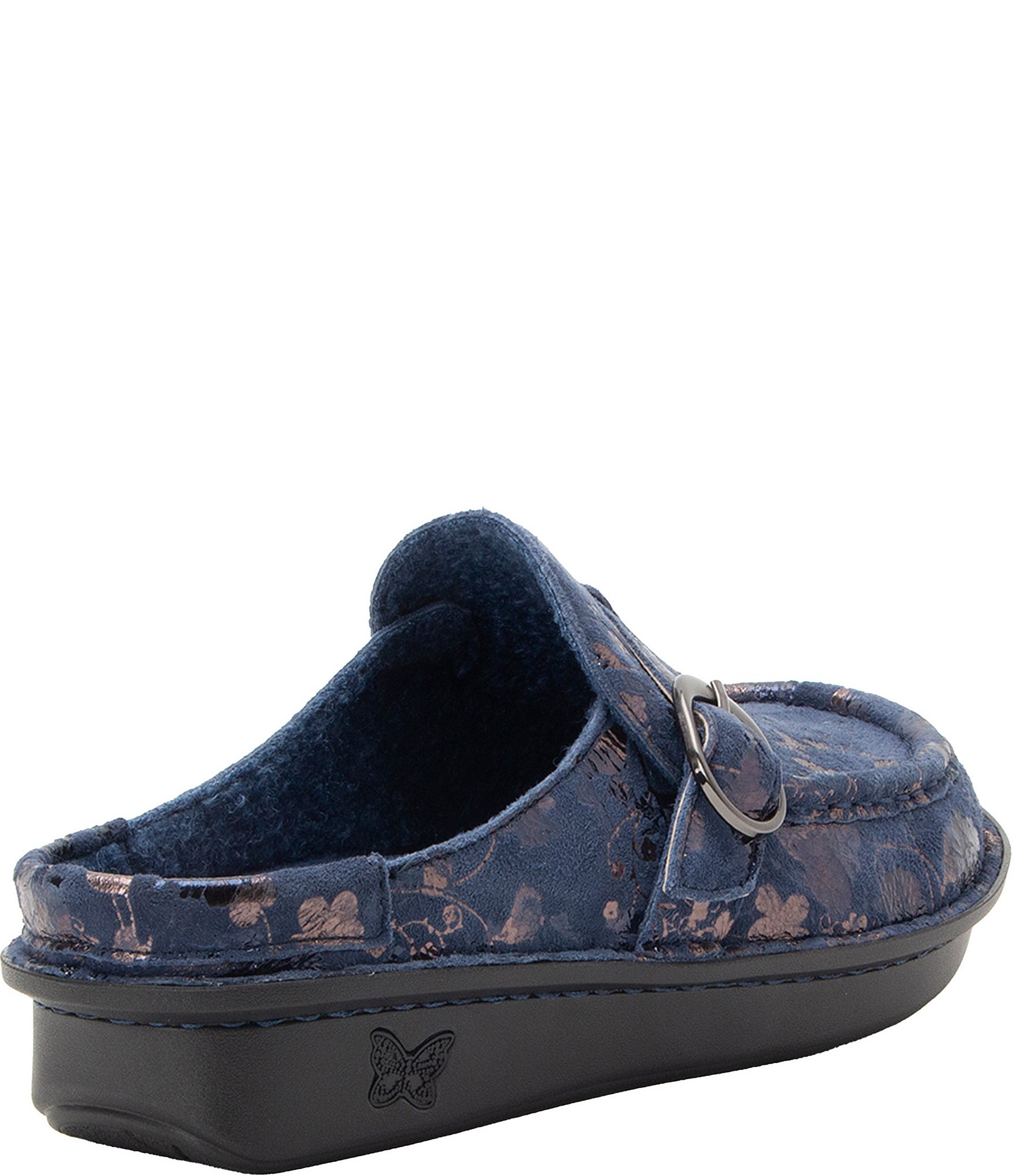 Alegria Brigid Lumen Print Suede Buckle Strap Mule Clogs
