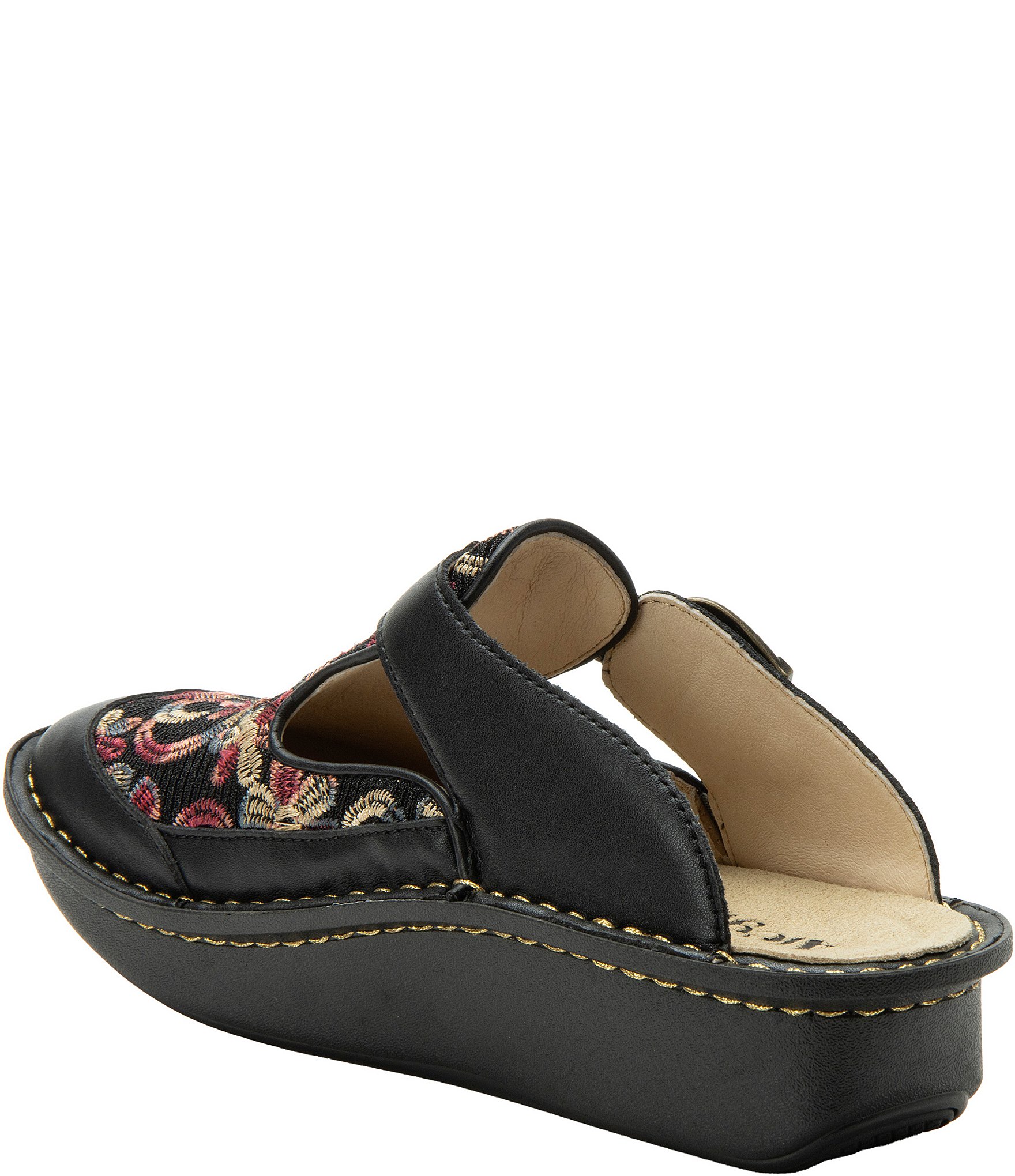 Alegria Classic Leather and Floral Embroidered Clogs