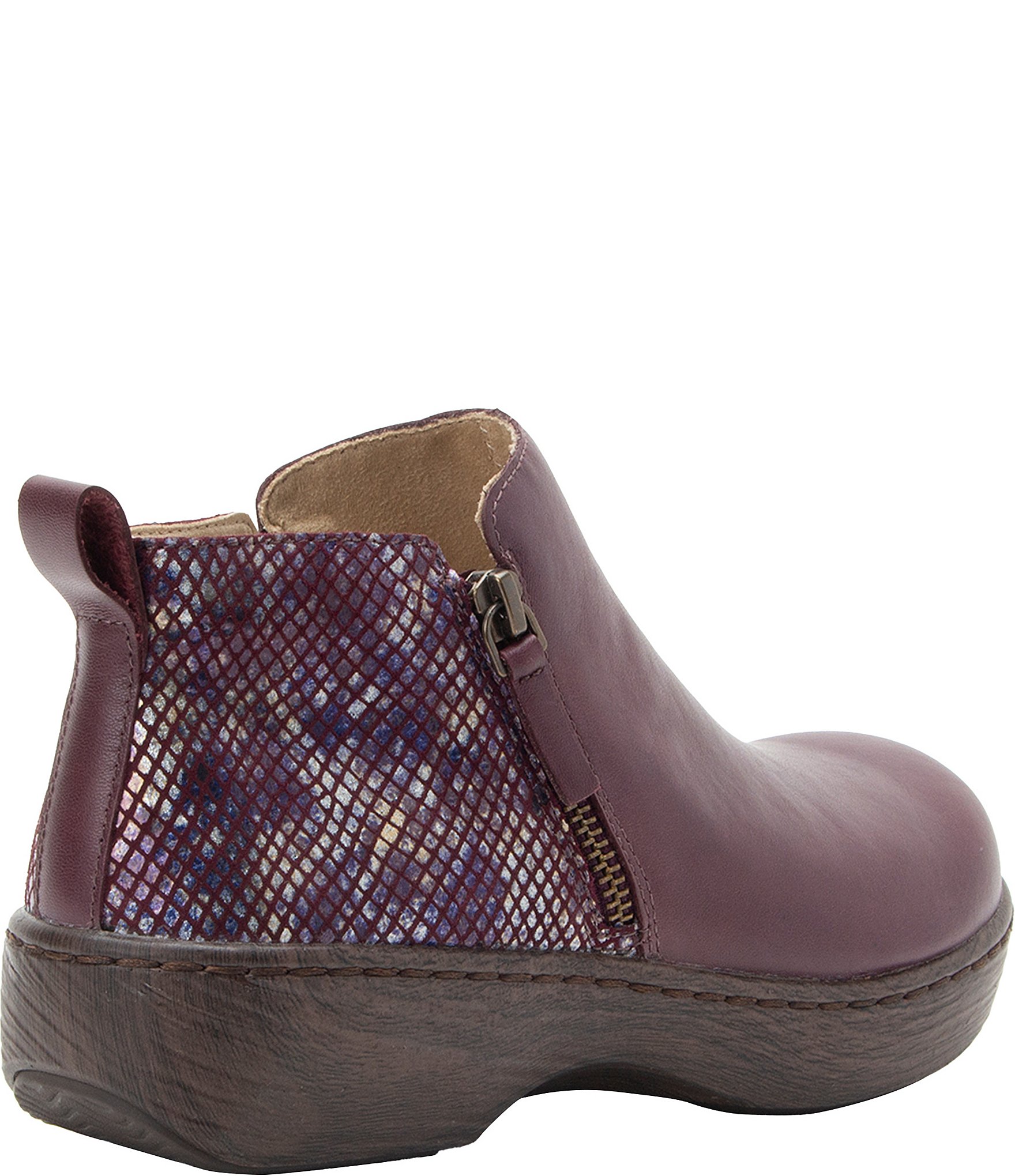 Alegria Oaklee Leather Snake Print Accent Dual Zip Ankle Booties