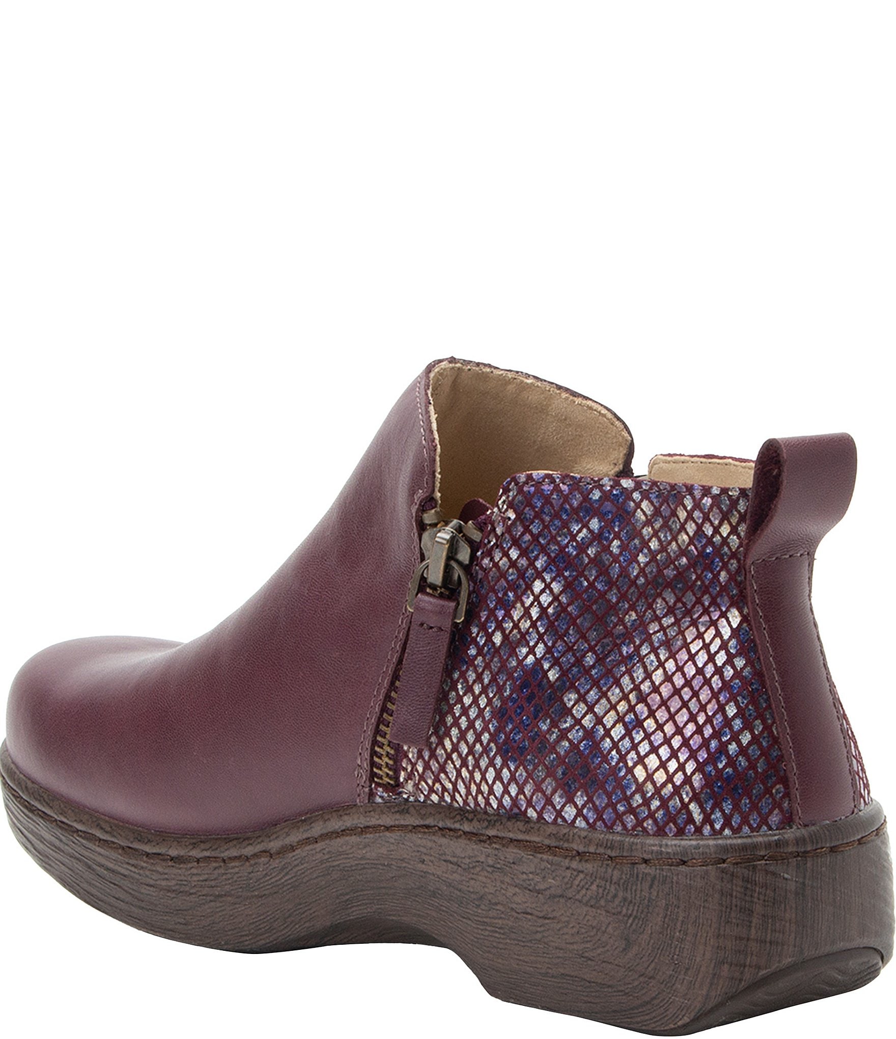 Alegria Oaklee Leather Snake Print Accent Dual Zip Ankle Booties