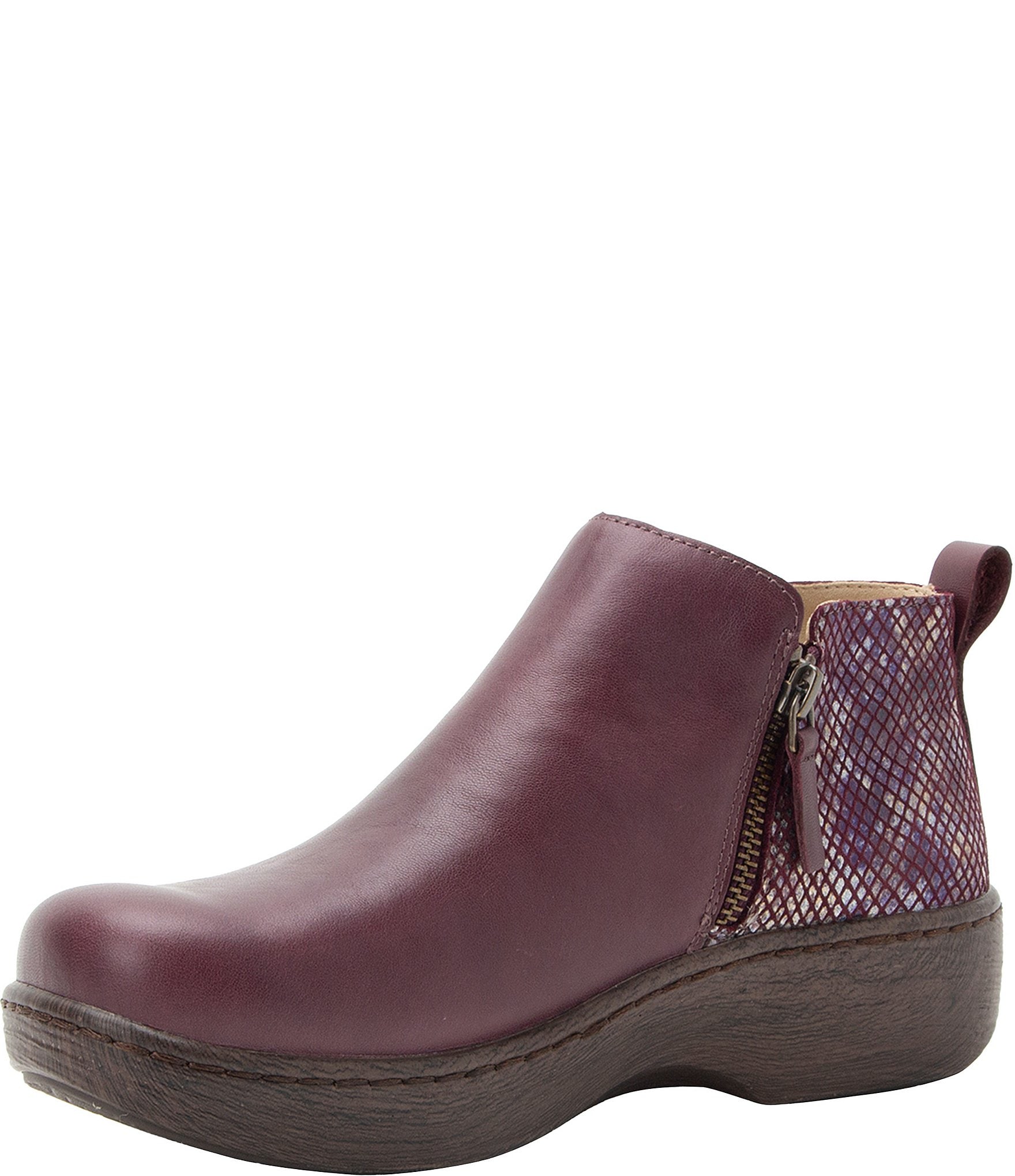 Alegria Oaklee Leather Snake Print Accent Dual Zip Ankle Booties