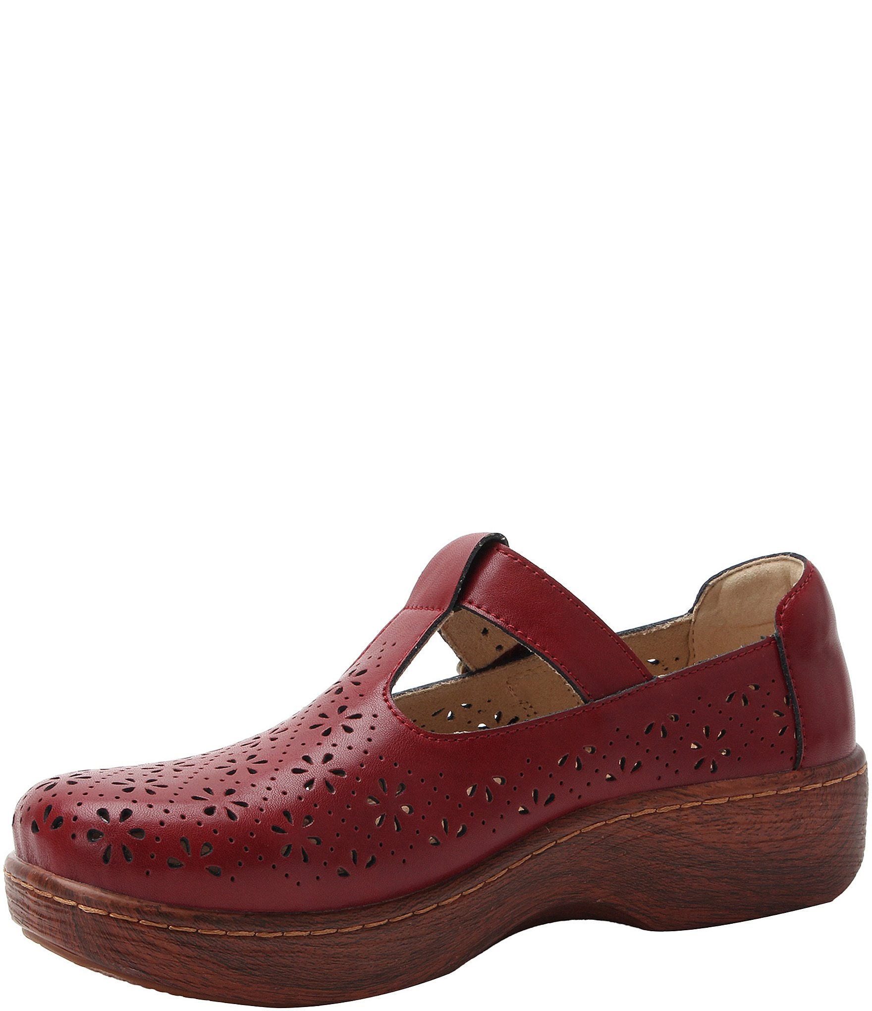 Alegria Odessa Perforated Leather T-Strap Rocker Bottom Clogs