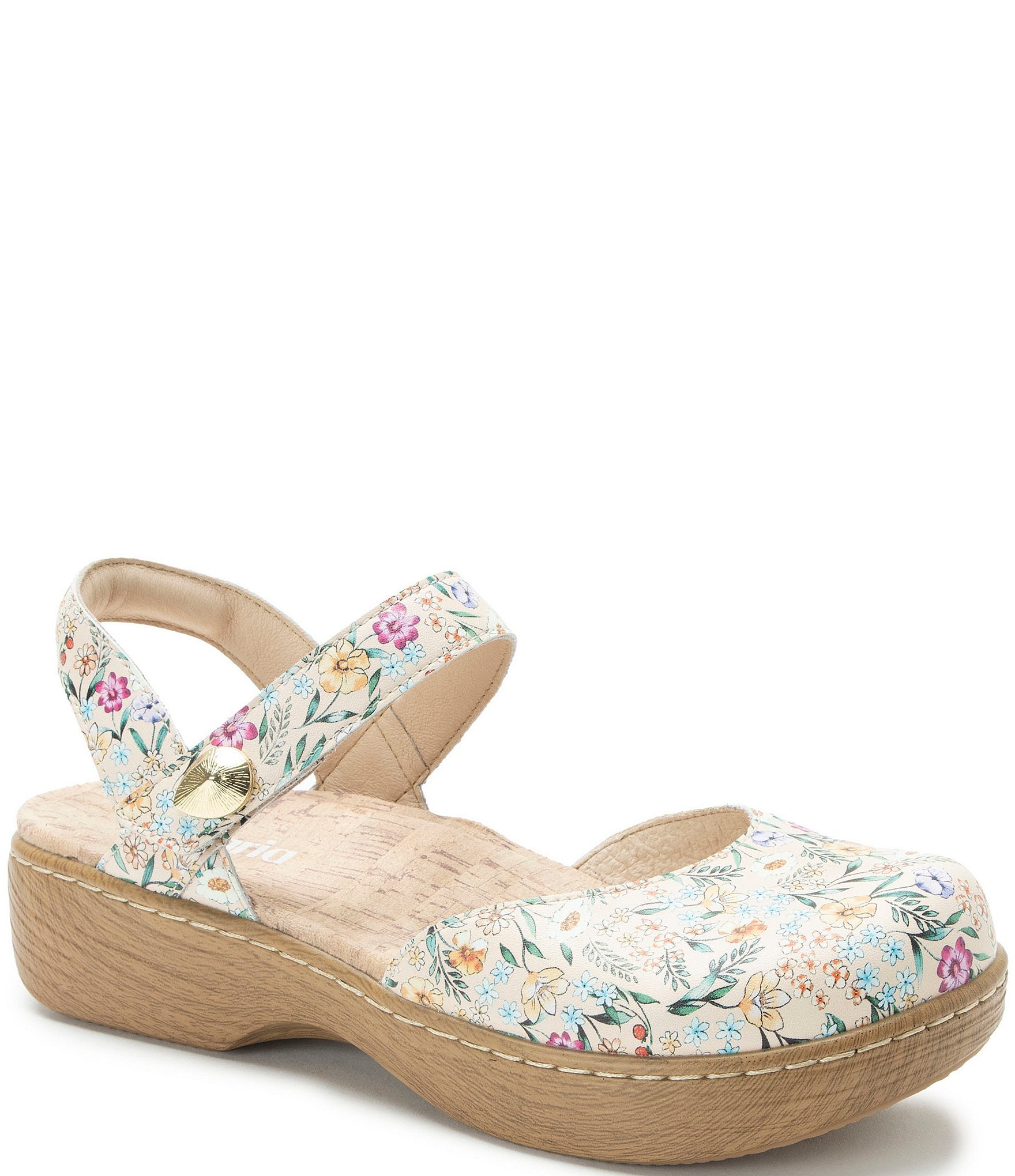 Alegria Opal Floral Print Leather Ankle Strap Clogs