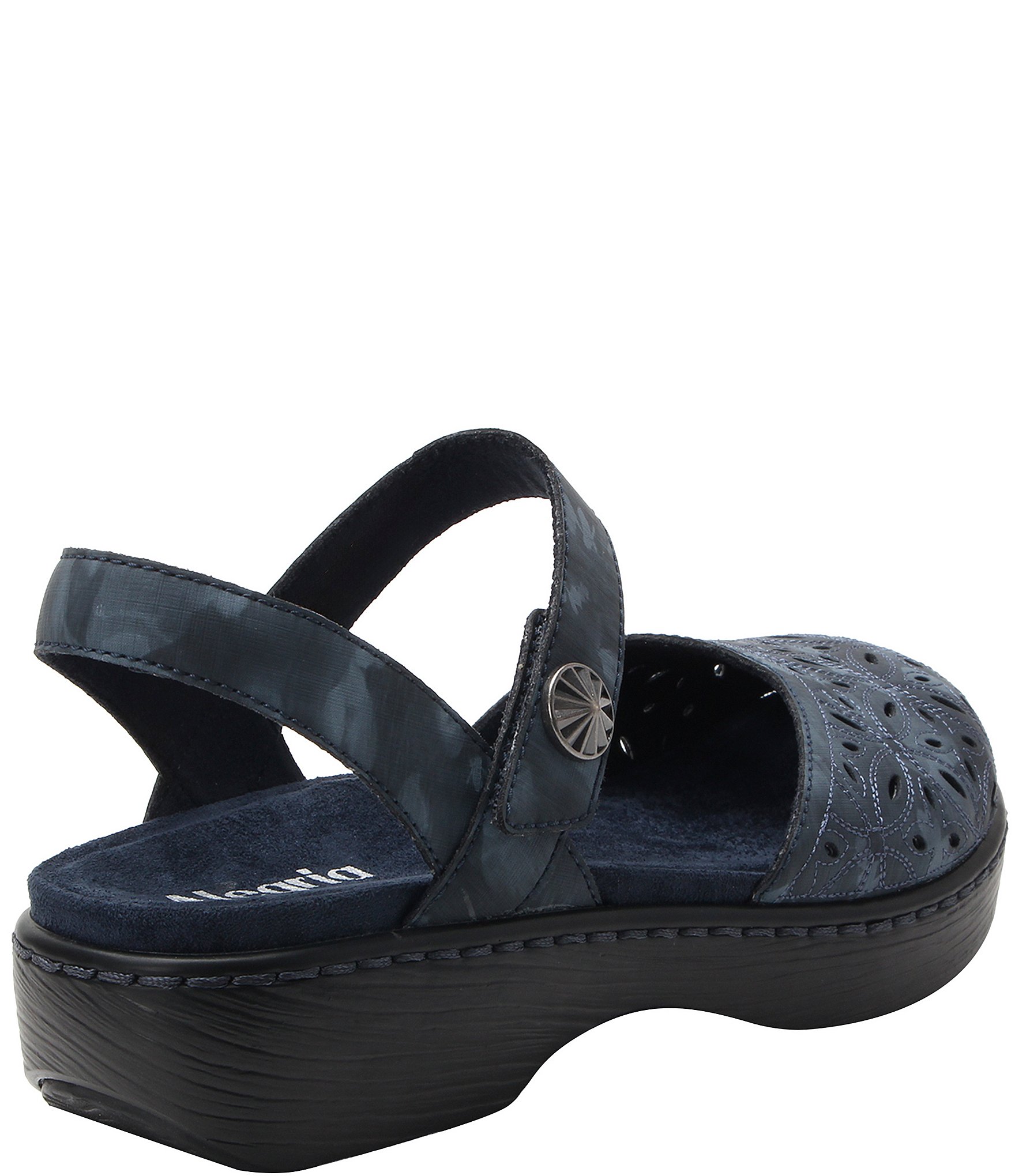 Alegria Opal Laser Cut Leather Ankle Strap Clogs