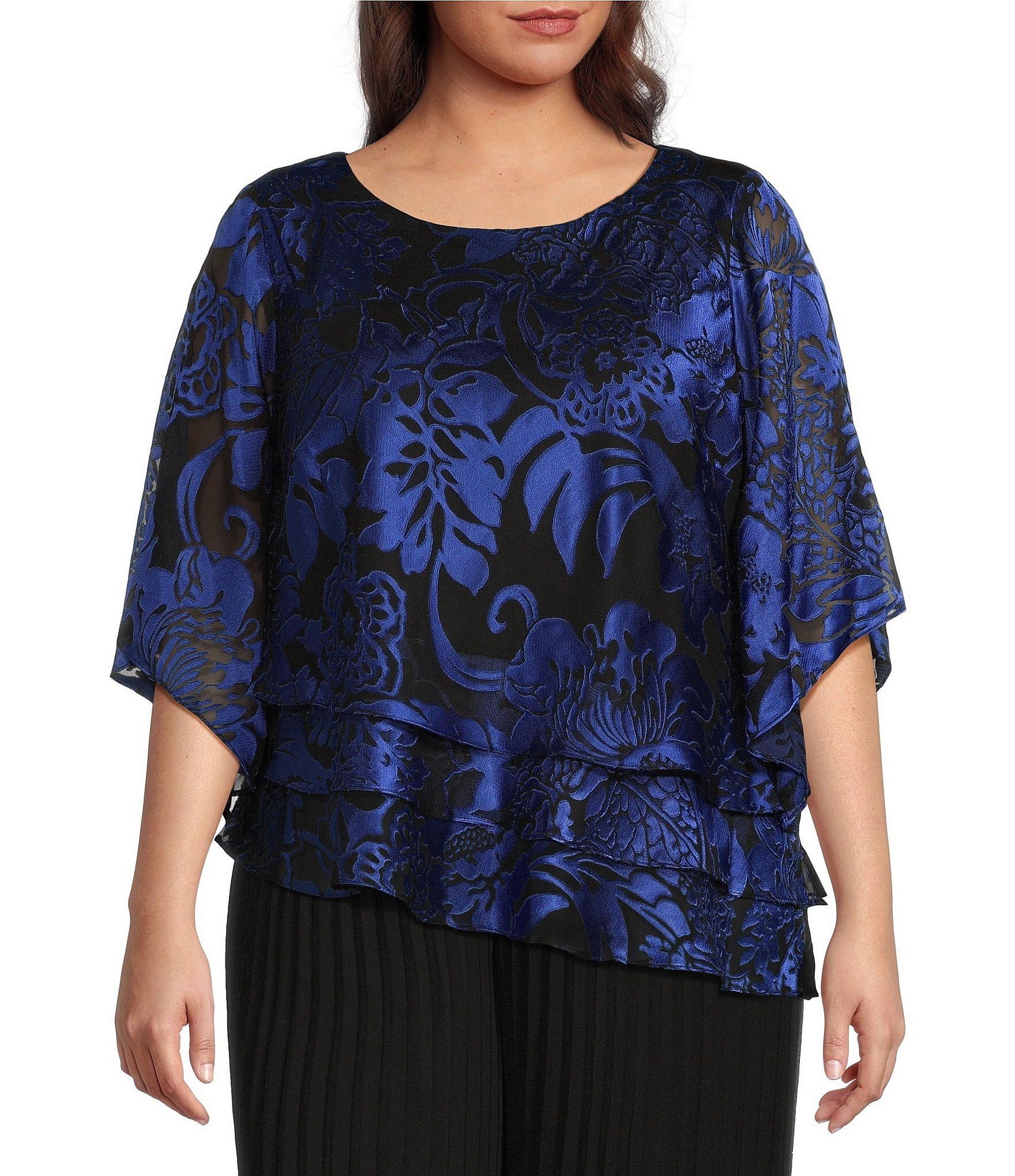 Alex Evening Plus Size Printed Chiffon Scoop Neck Short Sleeve Asymmetrical  Tiered Blouse | Dillard's