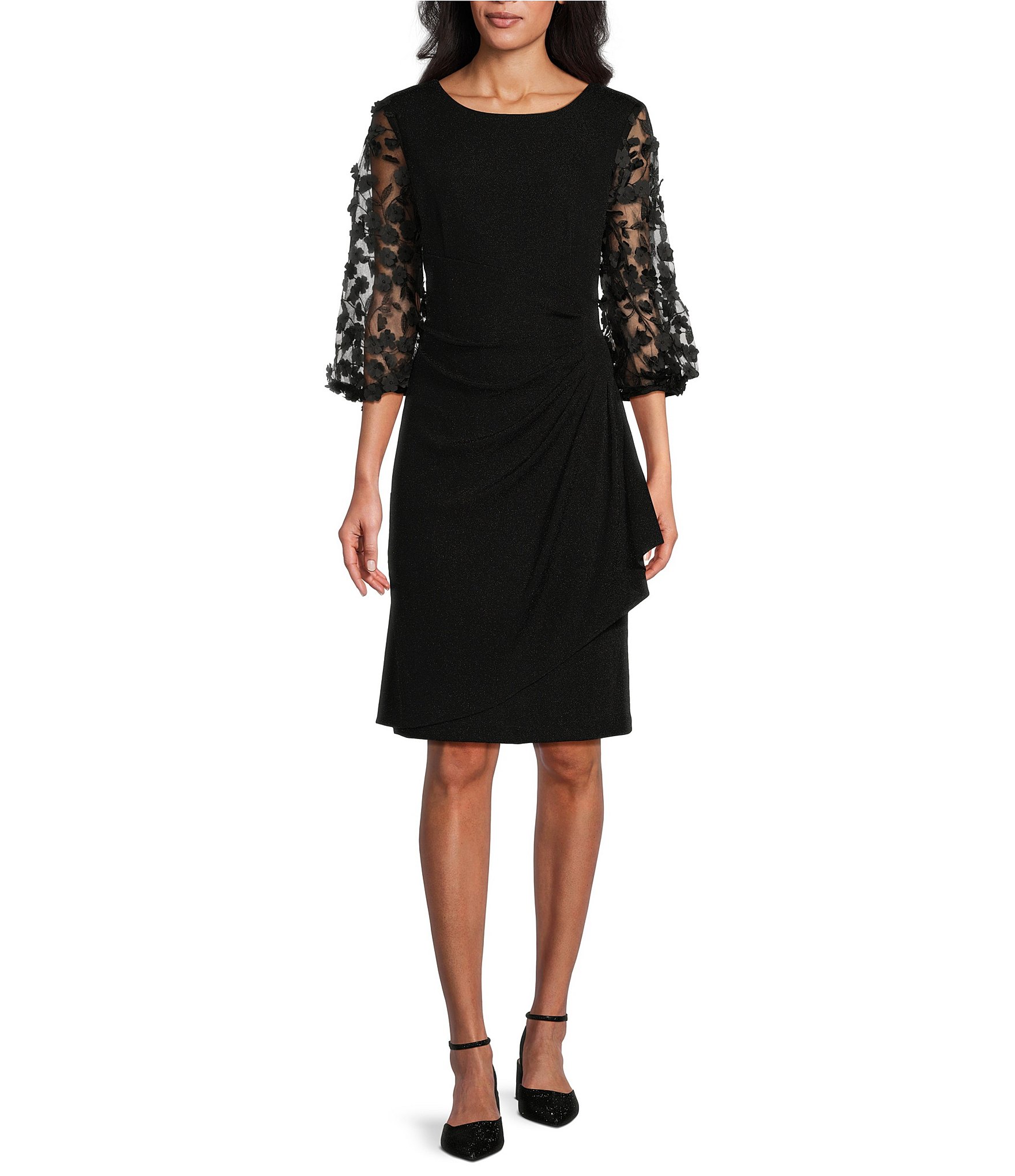 Alex Evenings 3-D Illusion Sleeve Crew Neck Cascade Ruffle Dress ...