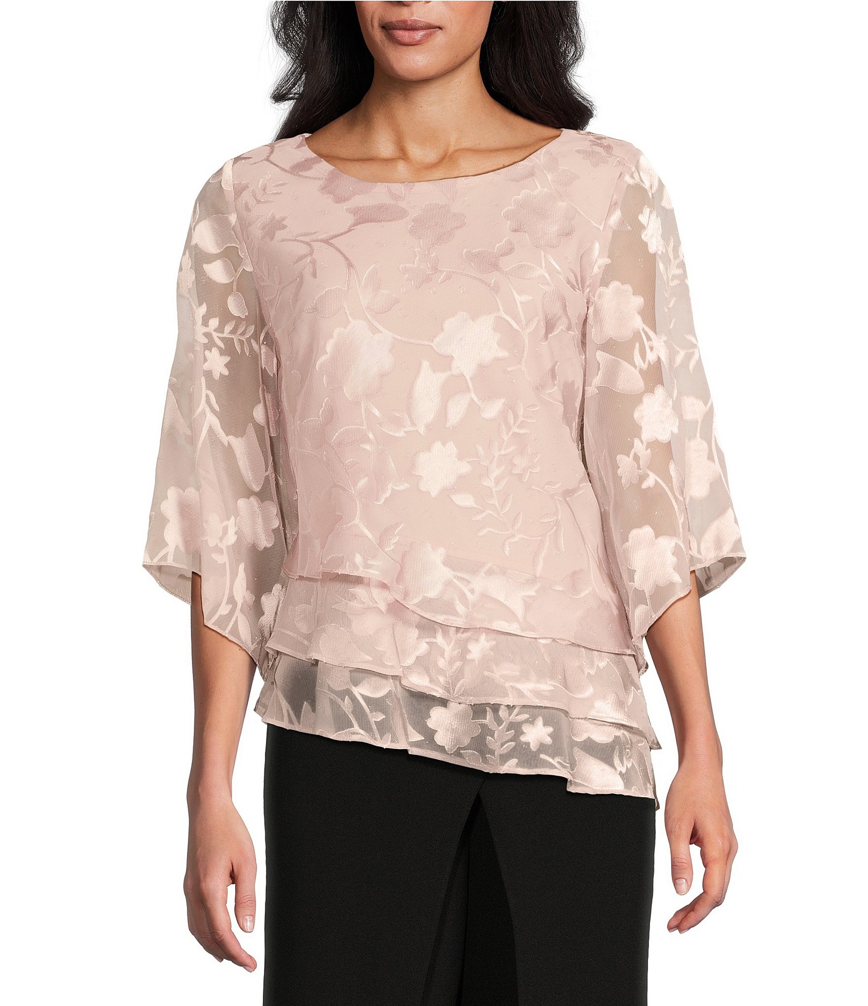 Alex Evenings 3/4 Illusion Sleeve Crew Neck Asymmetrical Triple Tier Hem Printed Chiffon Blouse