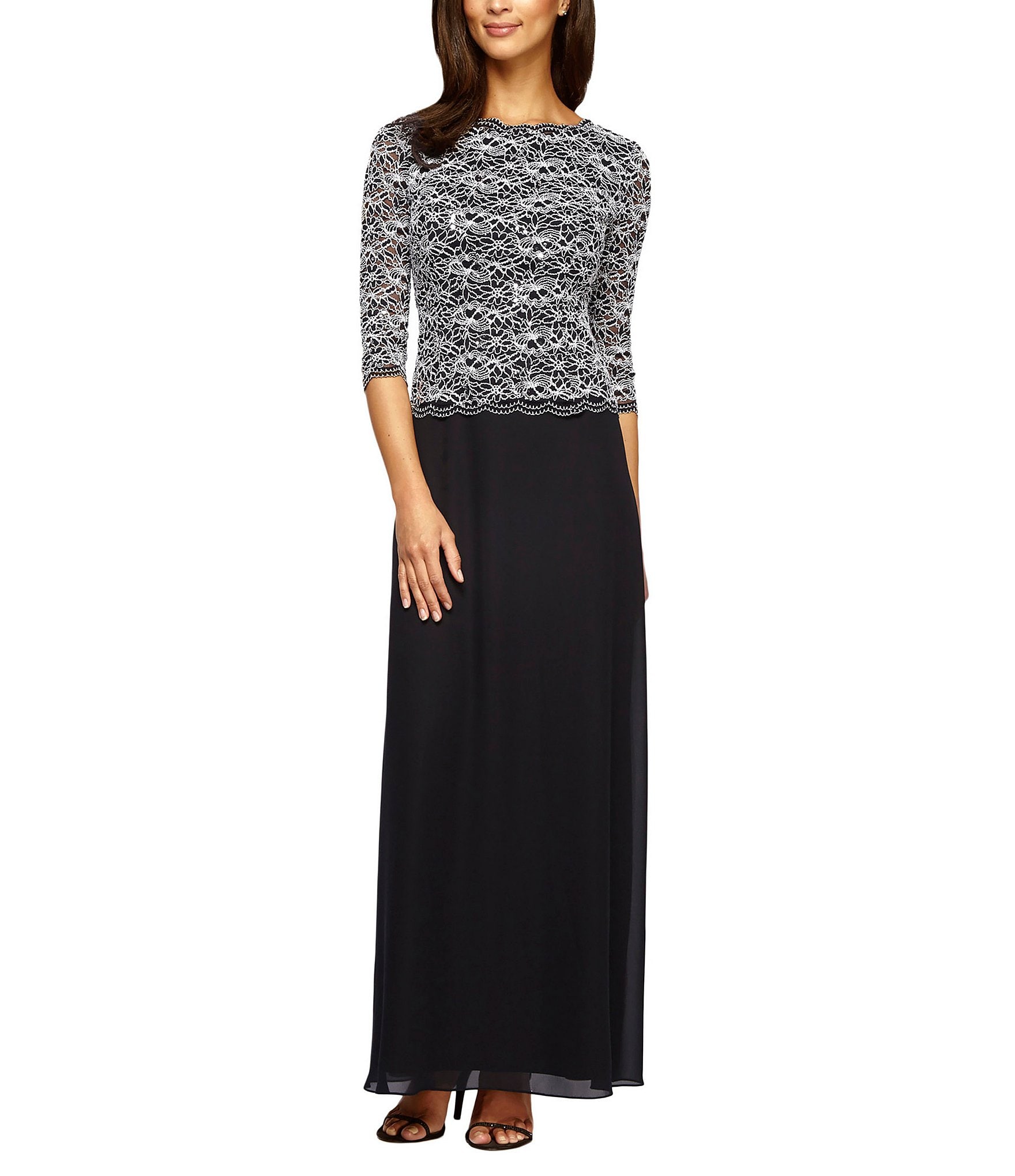 Alex Evenings 3/4 Illusion Sleeve Scoop Neck Lace Bodice Long Dress ...