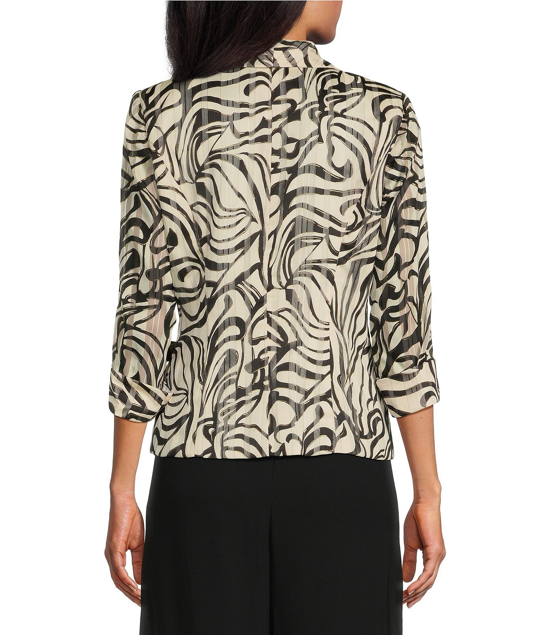 Alex Evenings 3/4 Sleeve Collared Neck Tie Waist Abstract Print Blouse