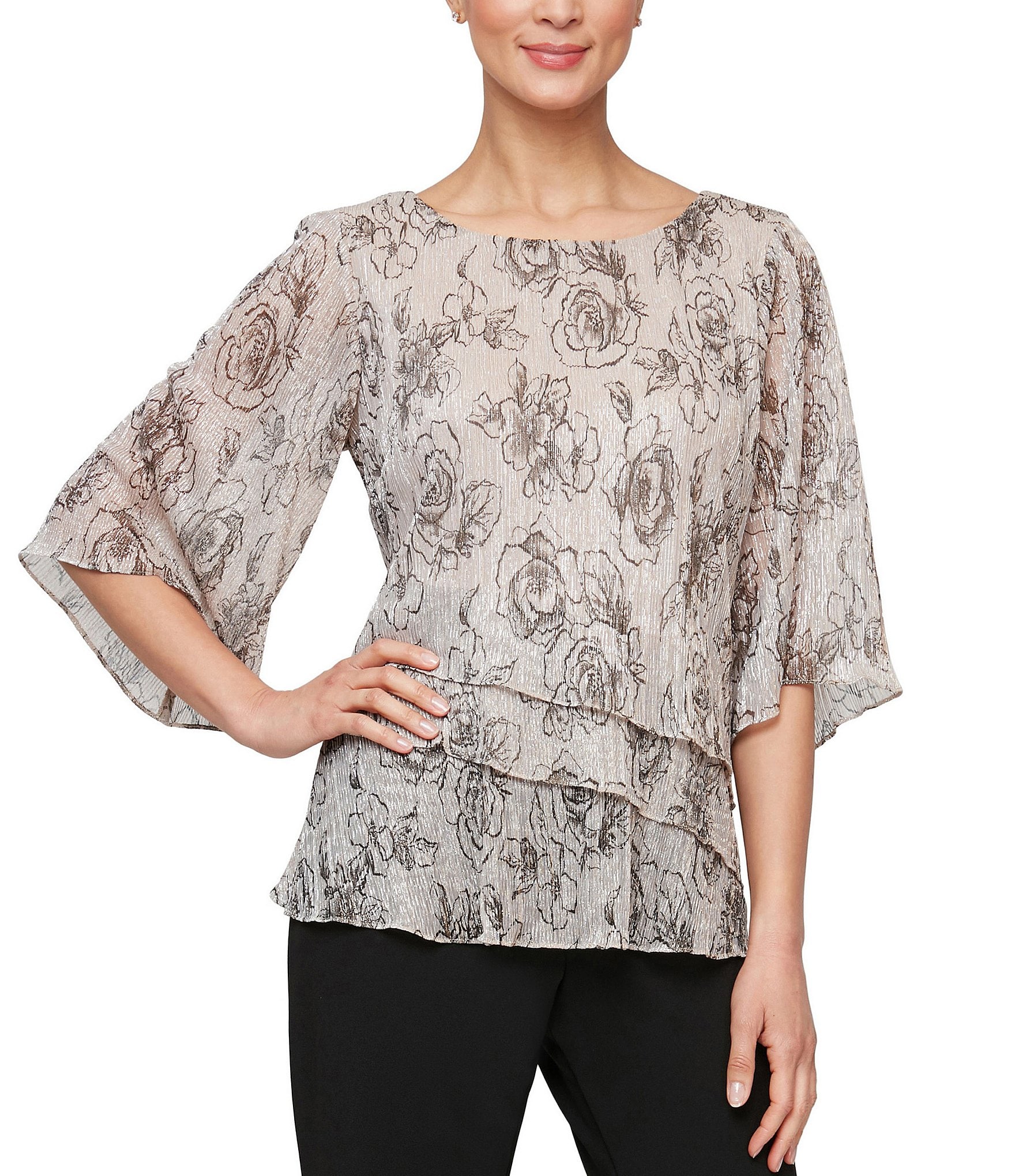 Alex Evenings 3/4 Sleeve Crew Neck Asymmetrical Tiered Hem Printed ...