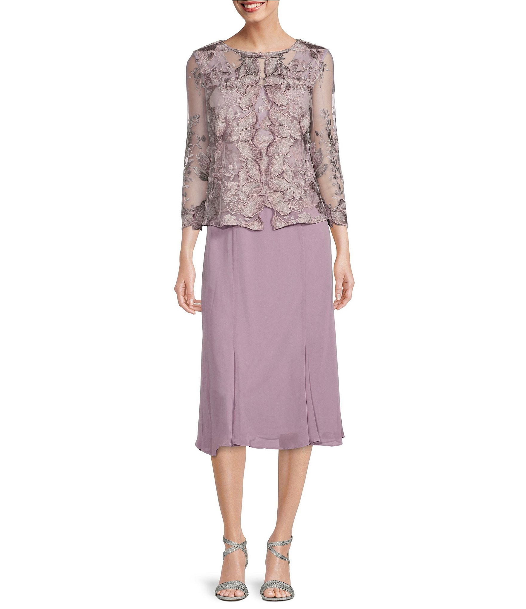 Alex Evenings 3/4 Sleeve Embroidered Lace Midi Jacket Dress | Dillard's