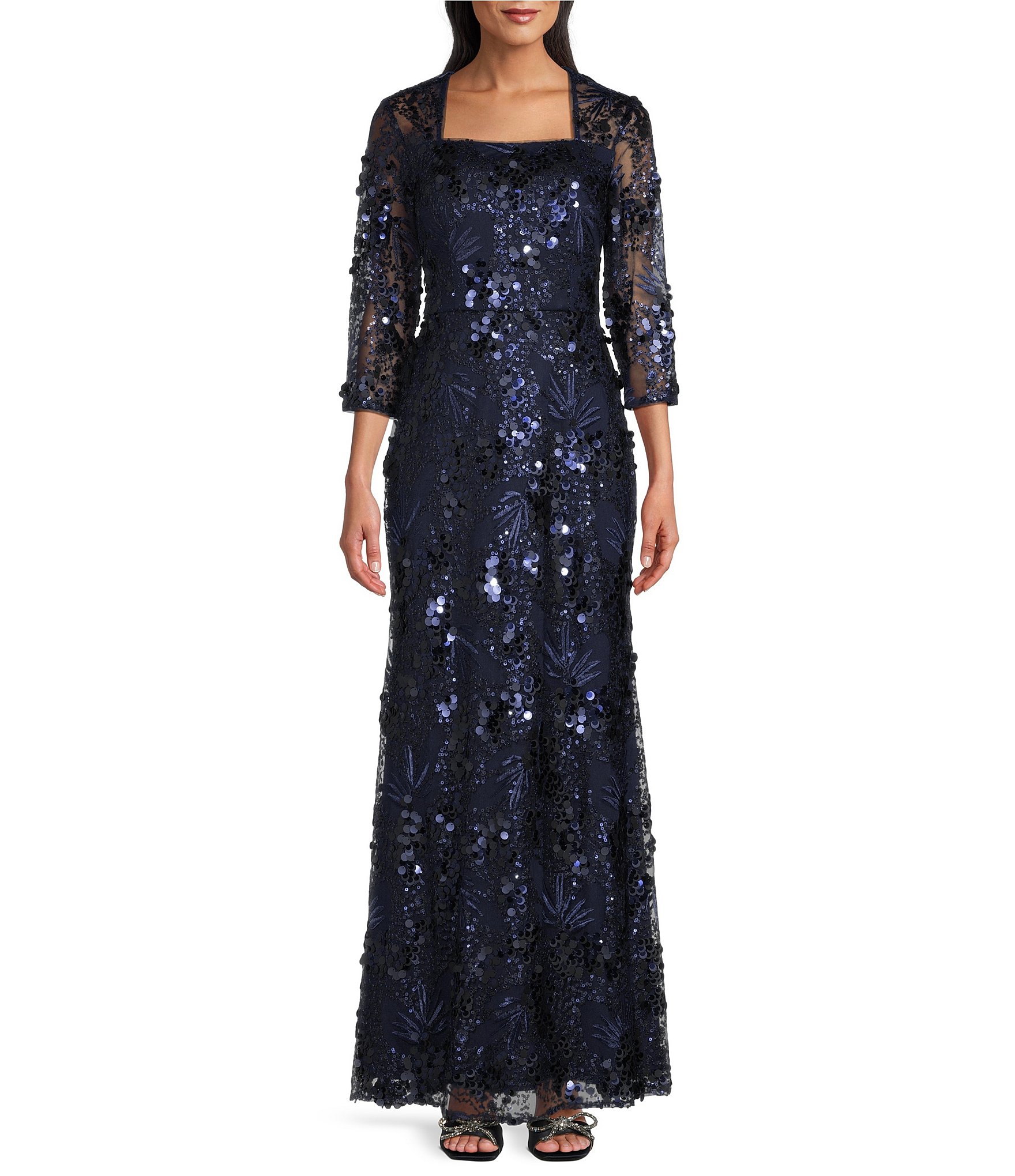 Long-Sleeve Square Neck Sequin A-Line Evening Gown main image 0