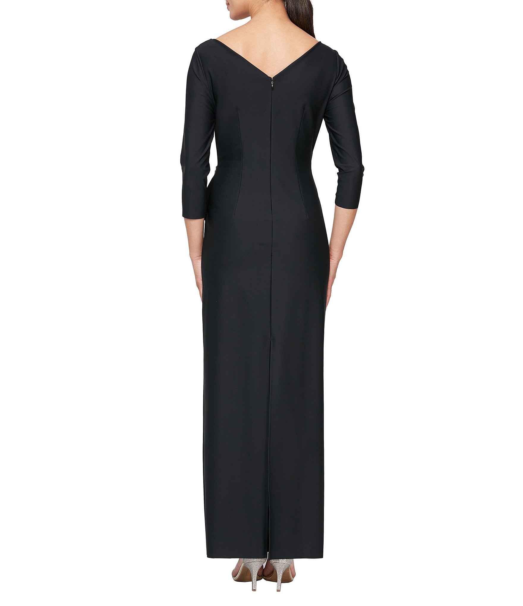 Alex Evenings Contour 3/4 Sleeve Surplice V-Neck Cascade Ruffle Skirt Gown