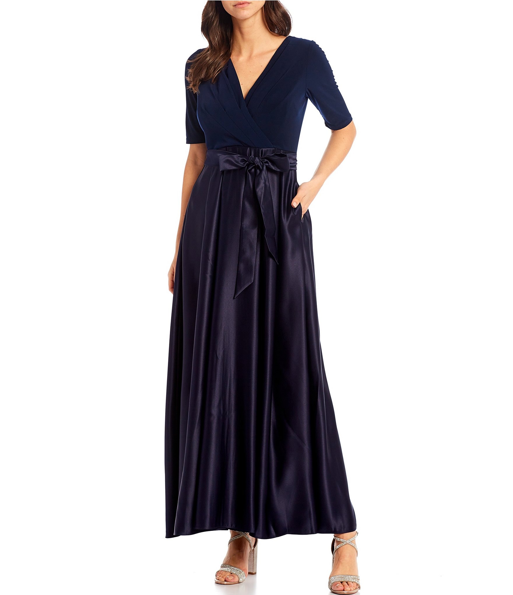 Ignite Evenings Plus Size 3/4 Sleeve Round Neck Ribbon Belted Detail Ombre  Satin Ball Gown | Dillard's