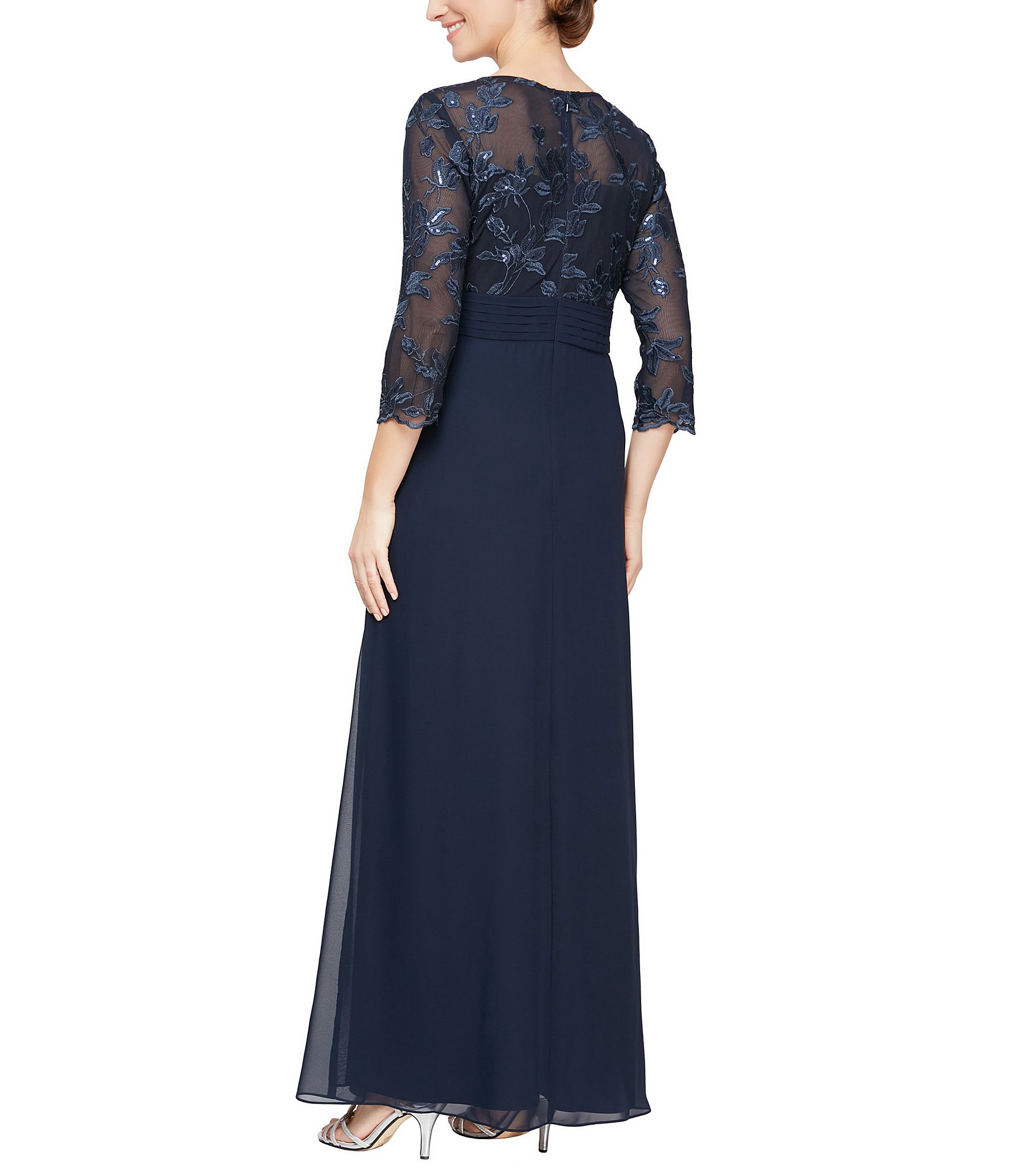 Alex Evenings Boat Neck 3/4 Sleeve Embroidered Bodice Asymmetrical Cascade Skirt Stretch Tulle A Line Gown