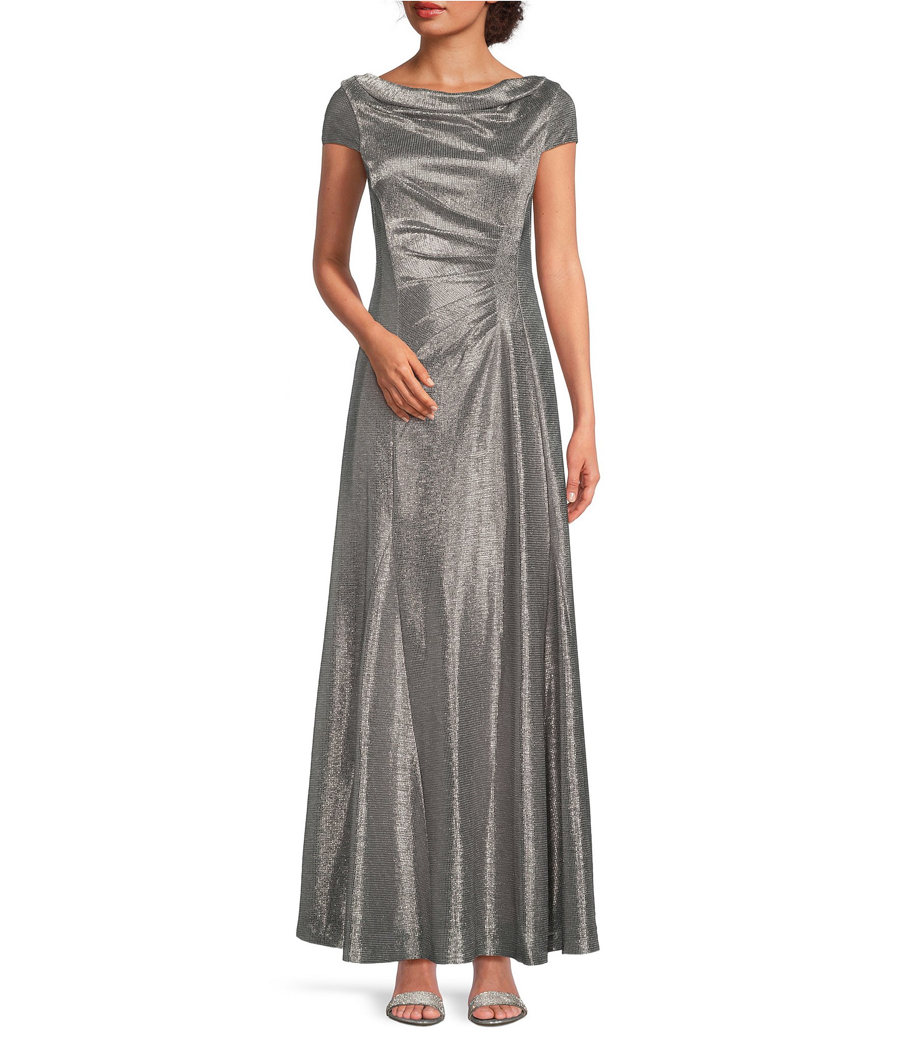 Alex Evenings Cap Sleeve Cowl Neck Metallic Knit A-Line Gown | Dillard's