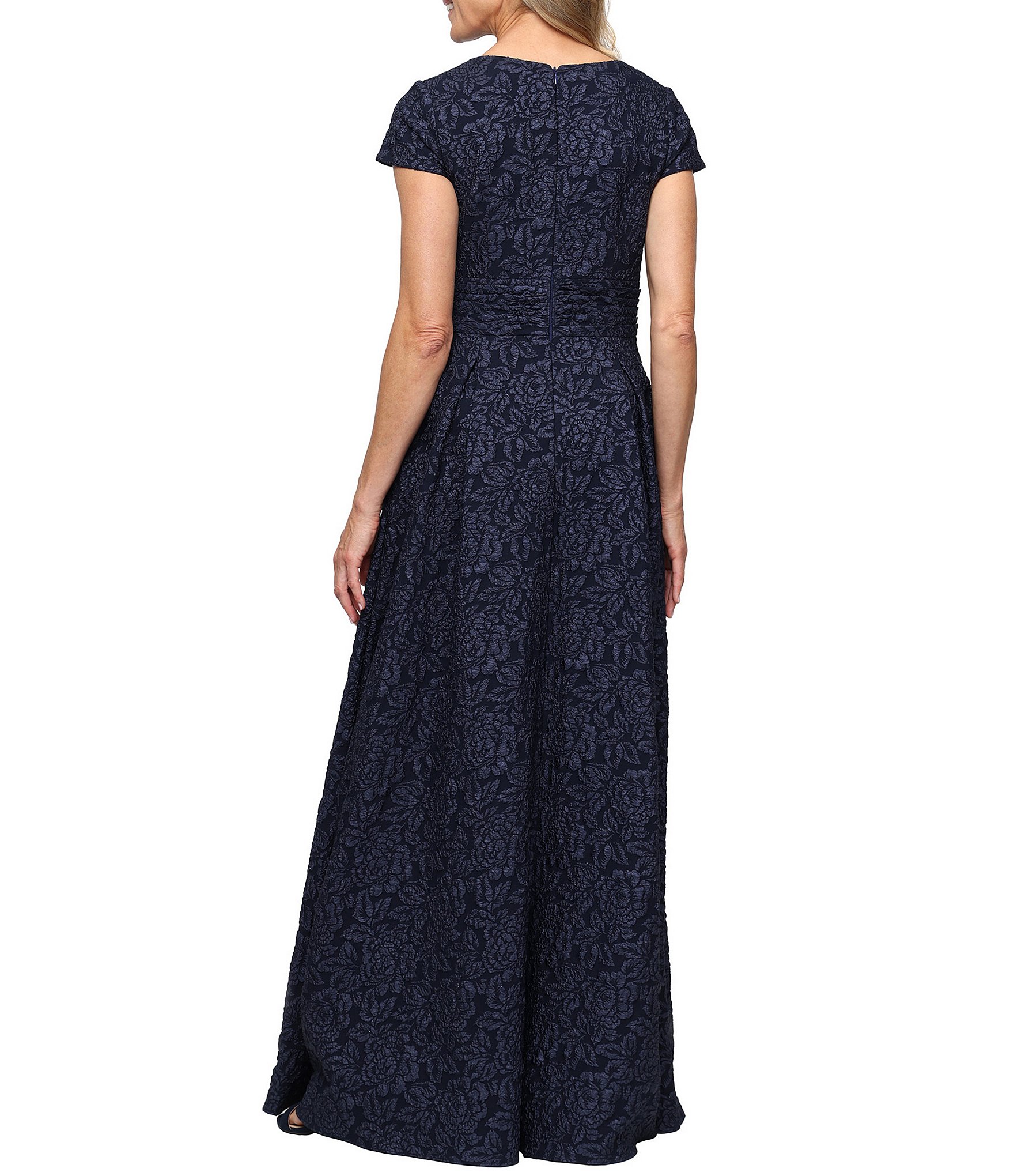 Alex Evenings Cap Sleeve Embossed Crepe Jacquard Long Gown