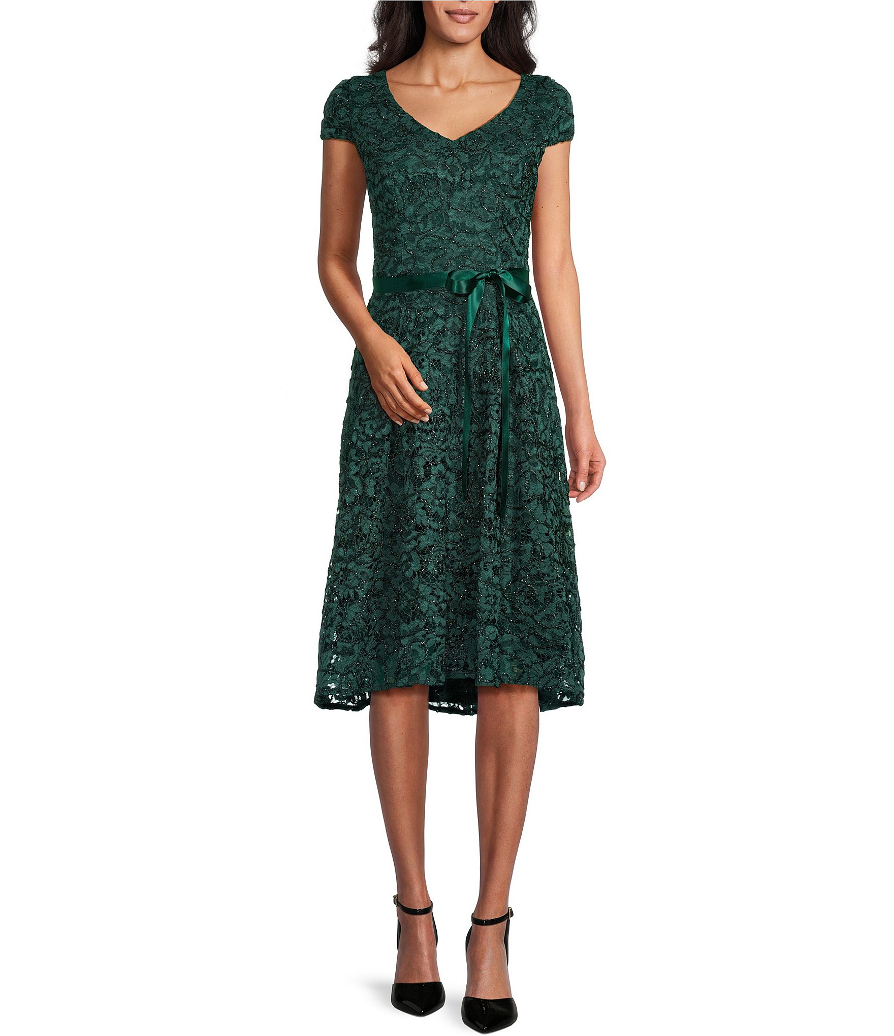 Alex Evenings Cap Sleeve V-Neck Bow Waist High-Low Lace Dress | Dillard's