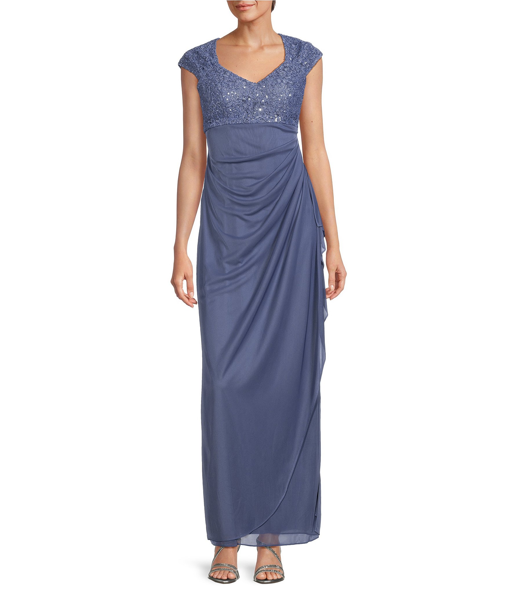 Alex Evenings Cap Sleeve V-Neck Empire Waist Lace Dress | Dillard's