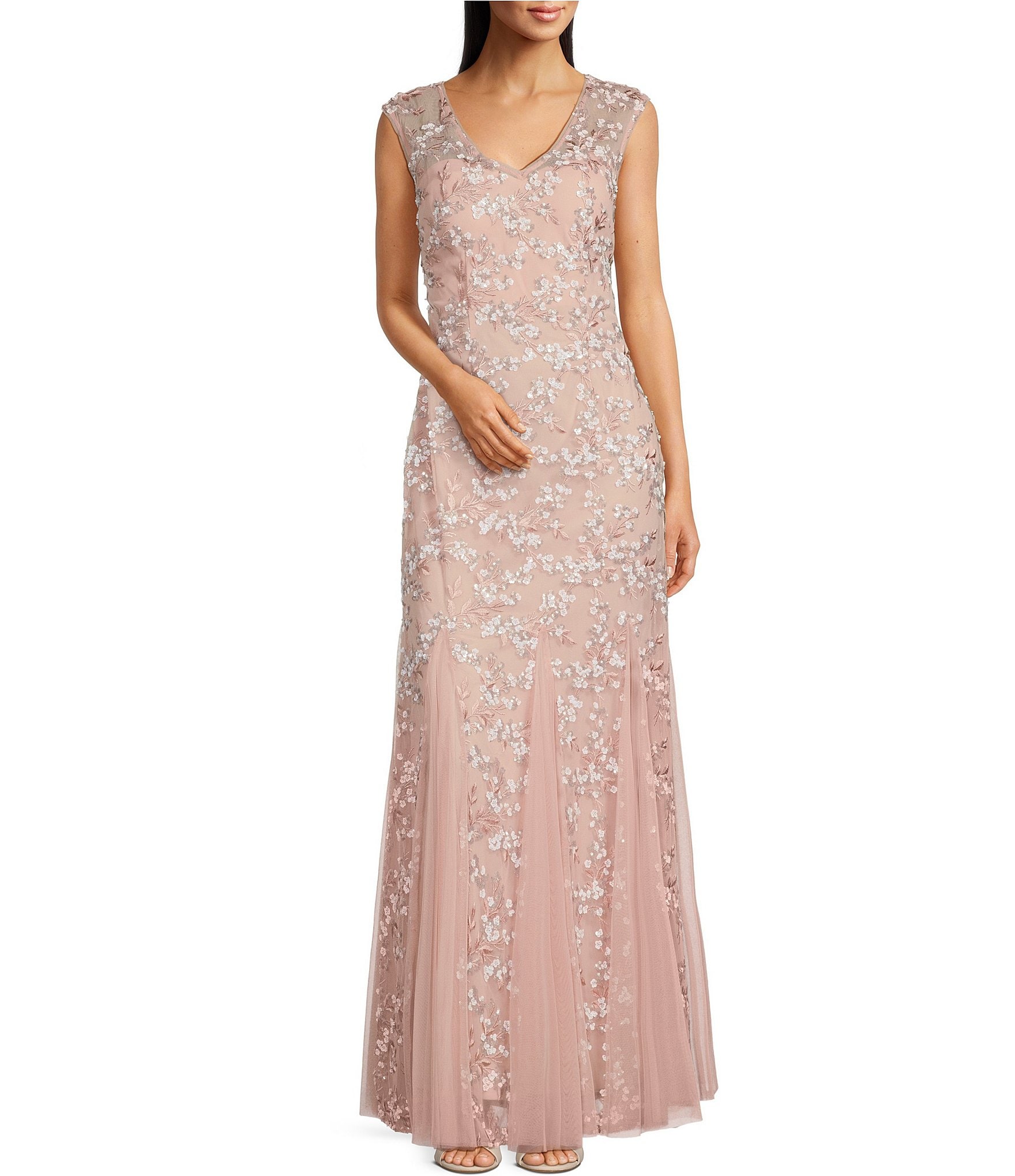 Alex Evenings Cap Sleeve V Neck Godet Skirt Embroidered Gown