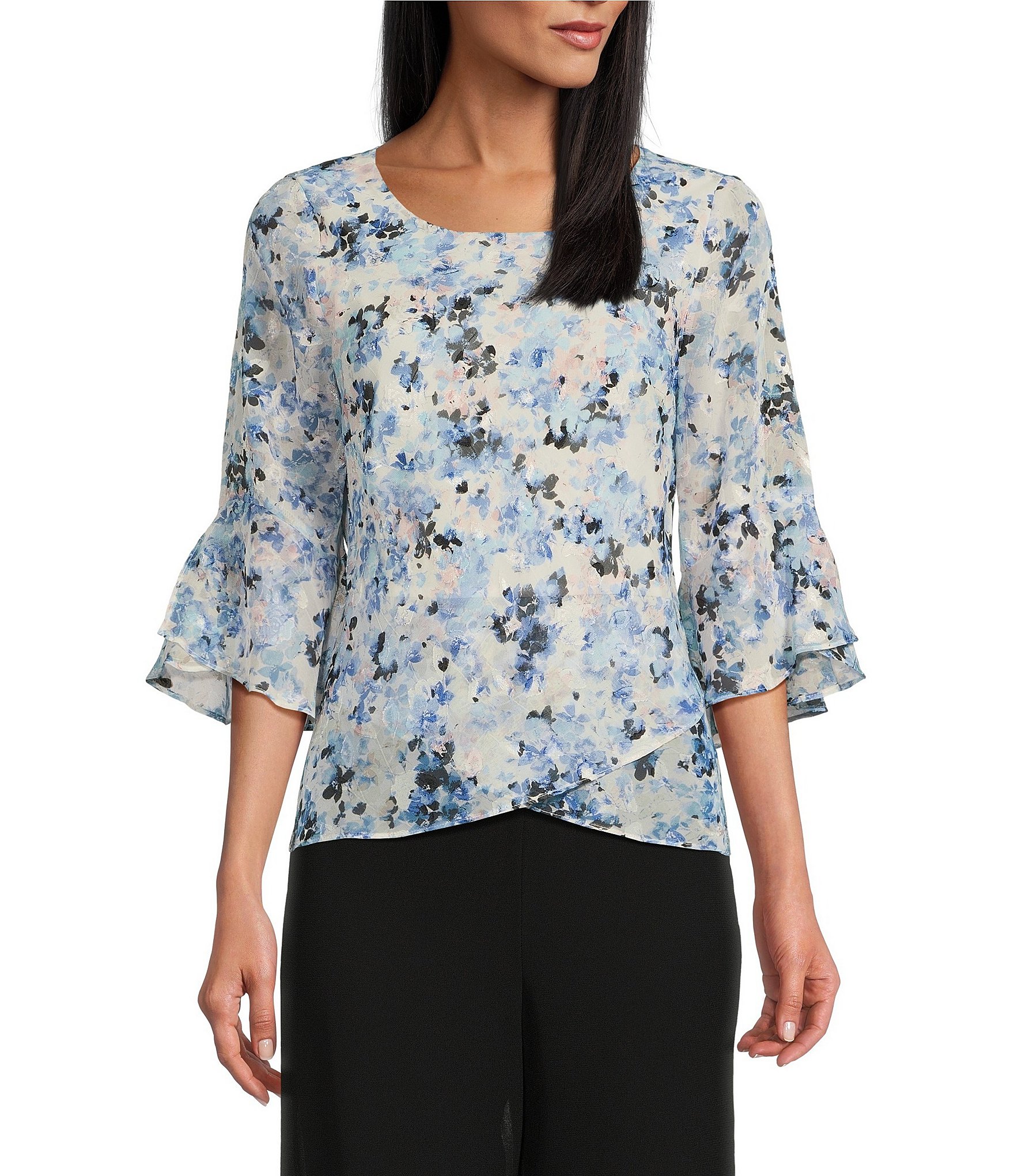 Alex Evenings Chiffon Scoop Neck 3/4 Bell Sleeve Tulip Hem