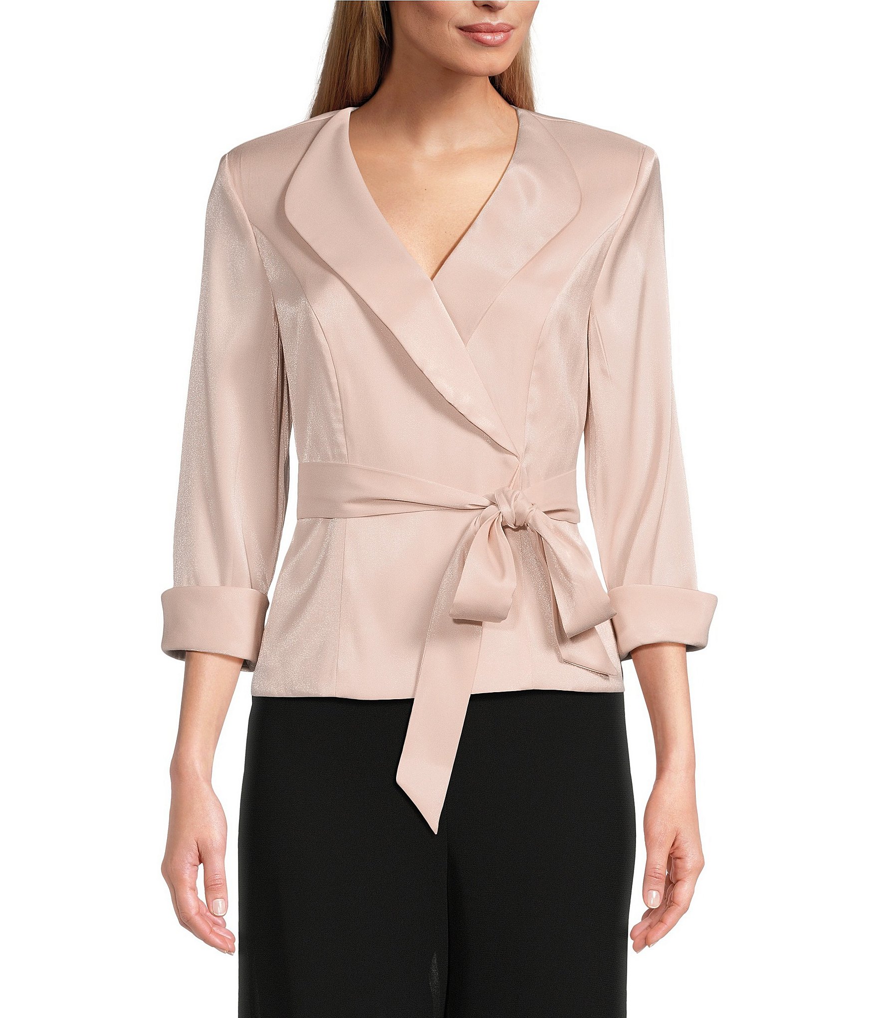 Alex Evenings Collared V Neck 3/4 Sleeve Tie Sash Wrap