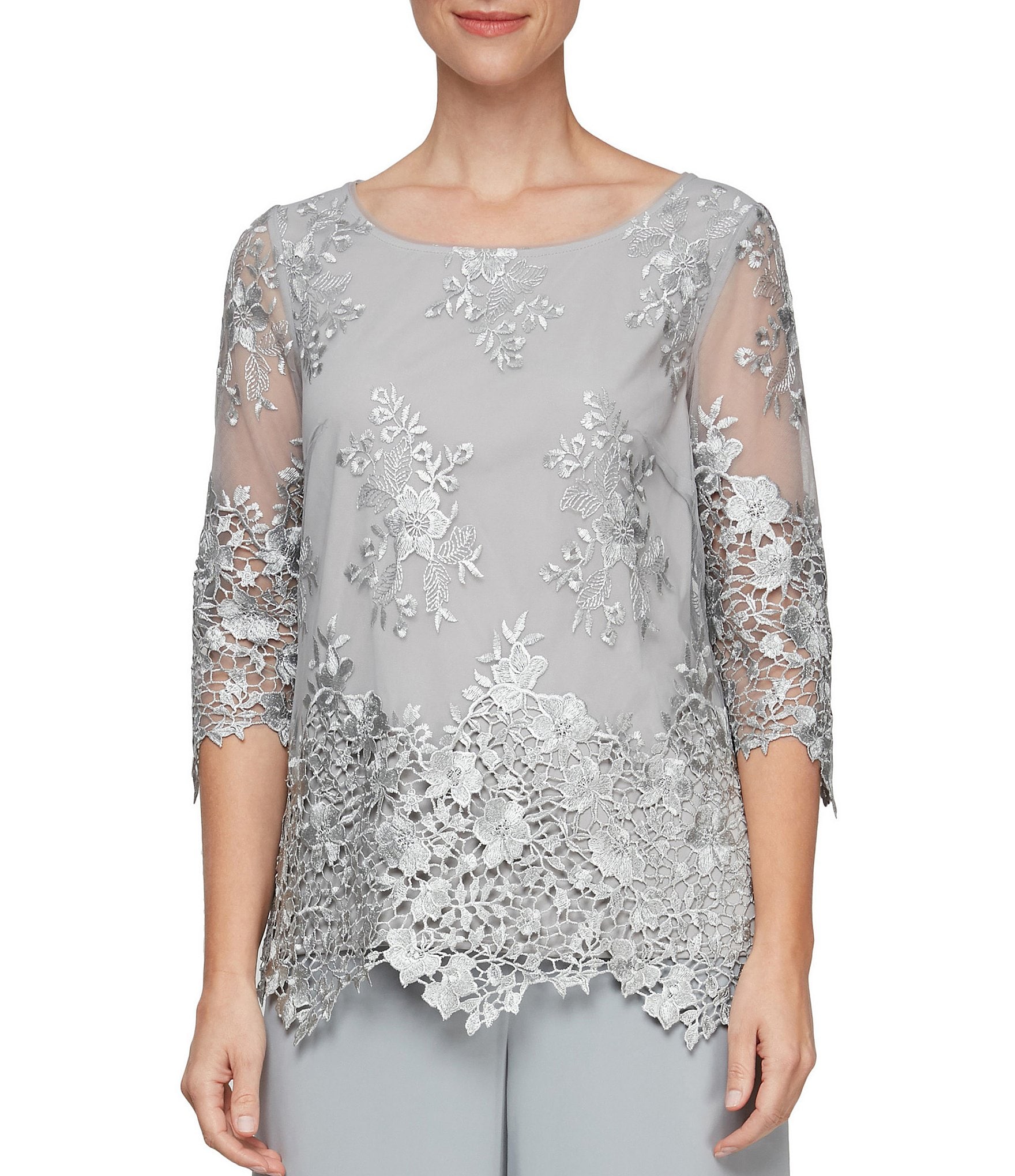 Alex Evenings Embroidered Stretch Tulle Scoop Neck 3/4 Sleeve