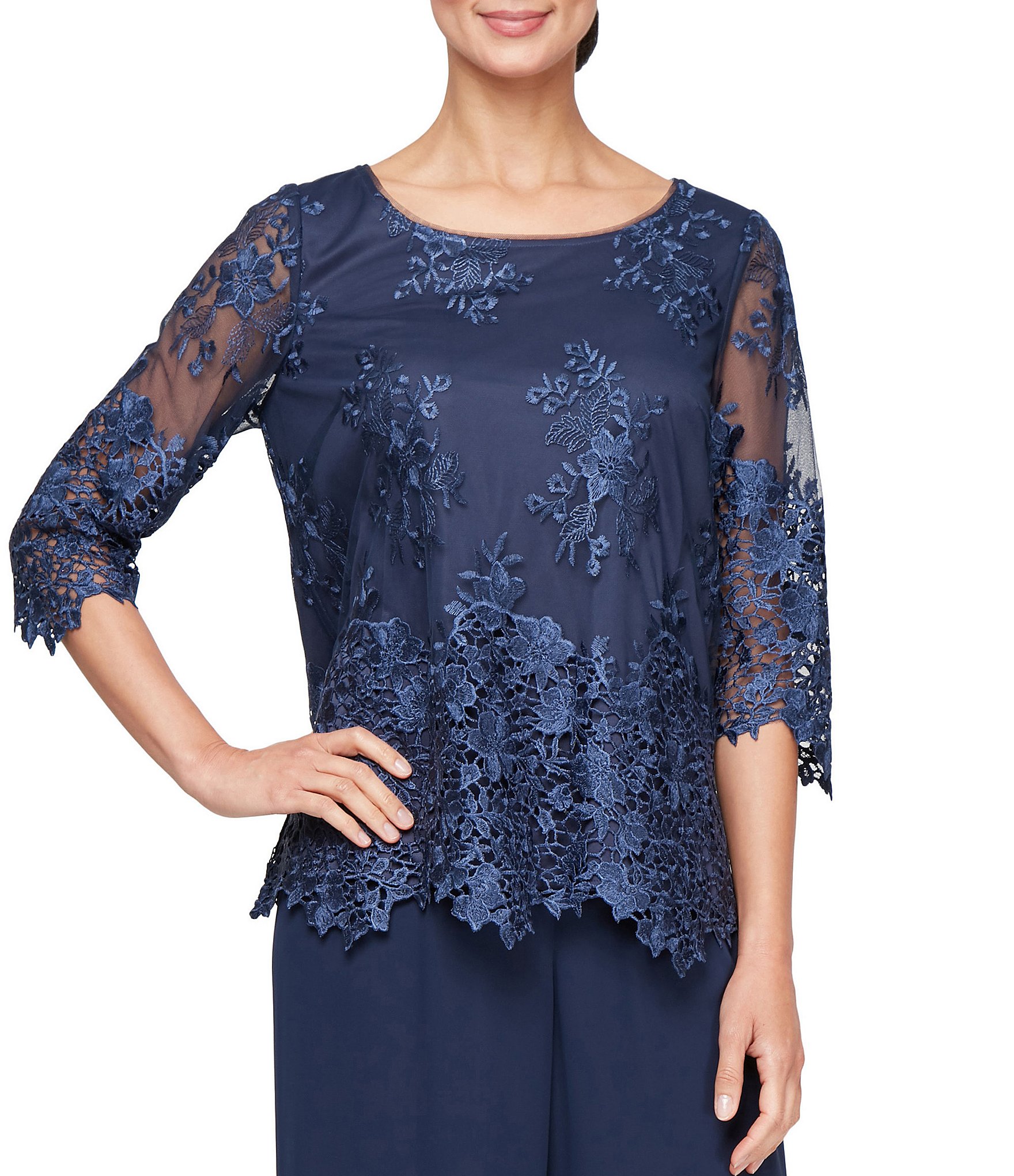 Alex Evenings Embroidered Stretch Tulle Scoop Neck 3/4 Sleeve Scallop Hem Blouse