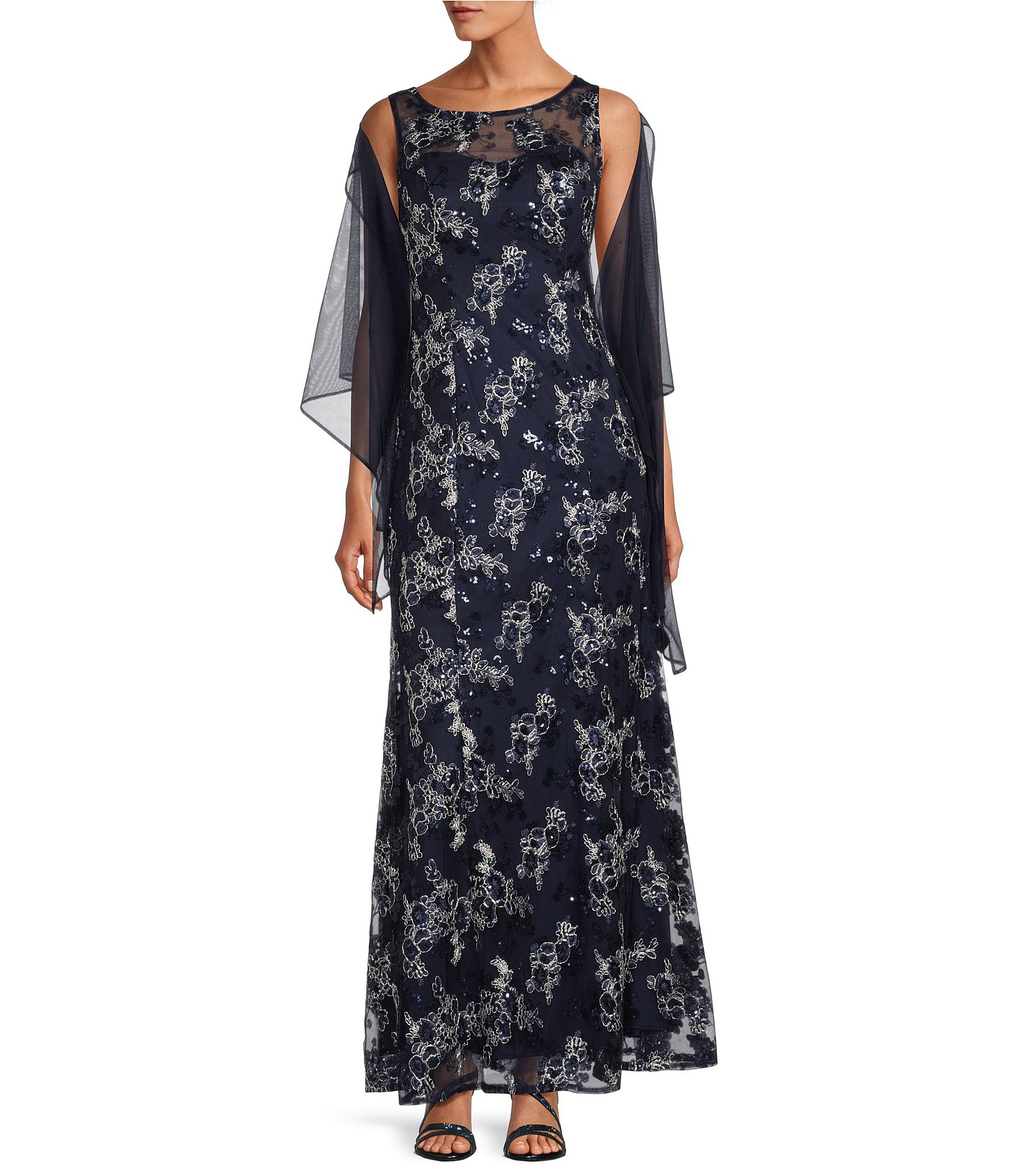 Alex Evenings Embroidered Stretch Tulle Sleeveless Scoop Neck Gown and  Shawl | Dillard's