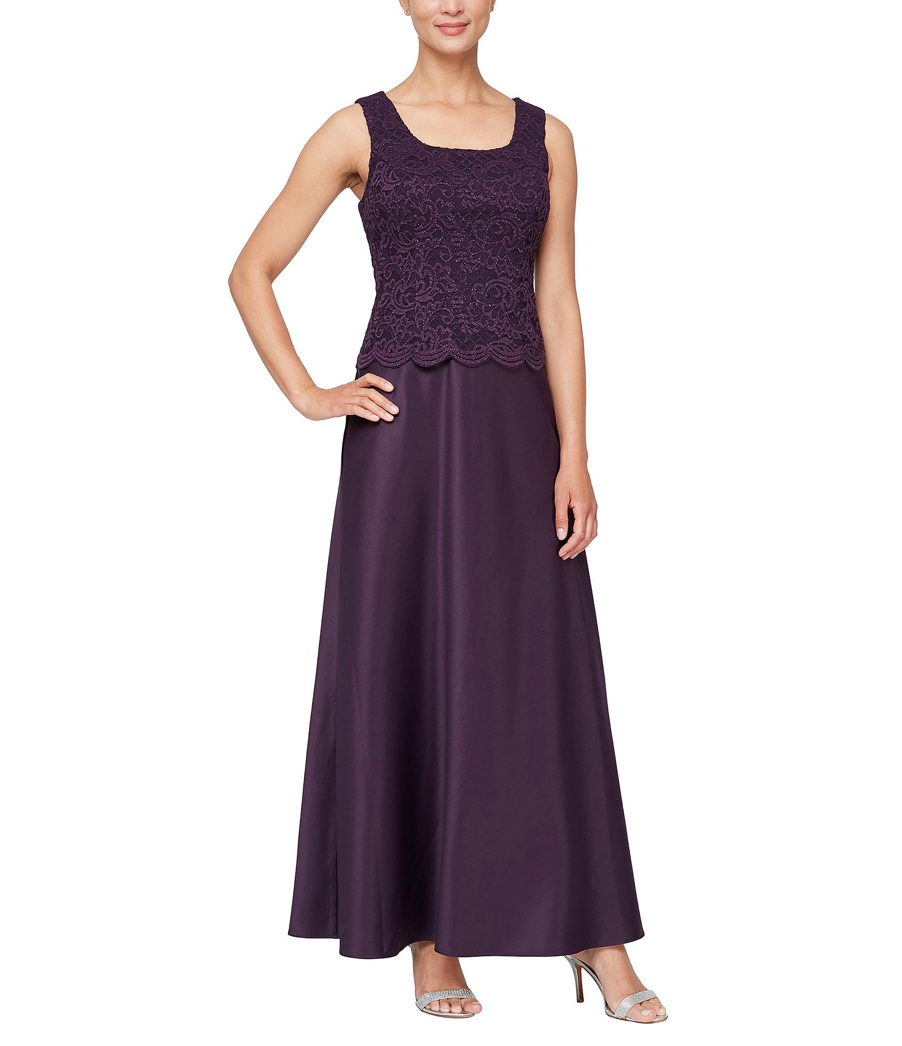 Alex Evenings Glitter Lace 3/4 Sleeve Square Neck Scallop Hem Bodice 2-Piece Jacket Gown