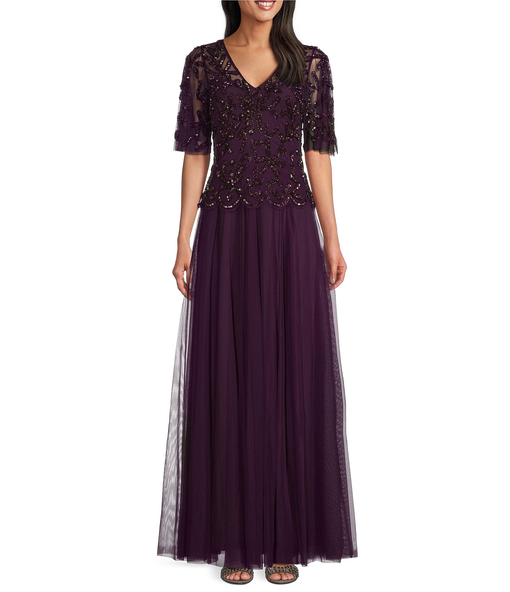 Alex Evenings Hand Beaded Mock Chiffon V Neck Illusion Flutter Sleeve A Line Dress Dillard s