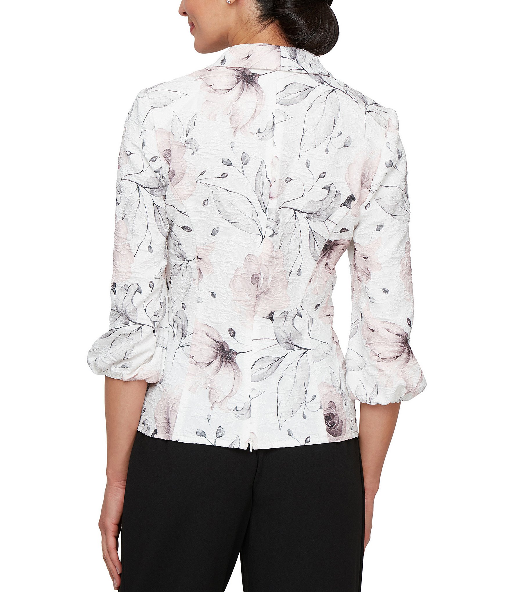 Alex Evenings Jacquard Collared V-Neck 3/4 Bubble Hem Sleeve Floral Blouse
