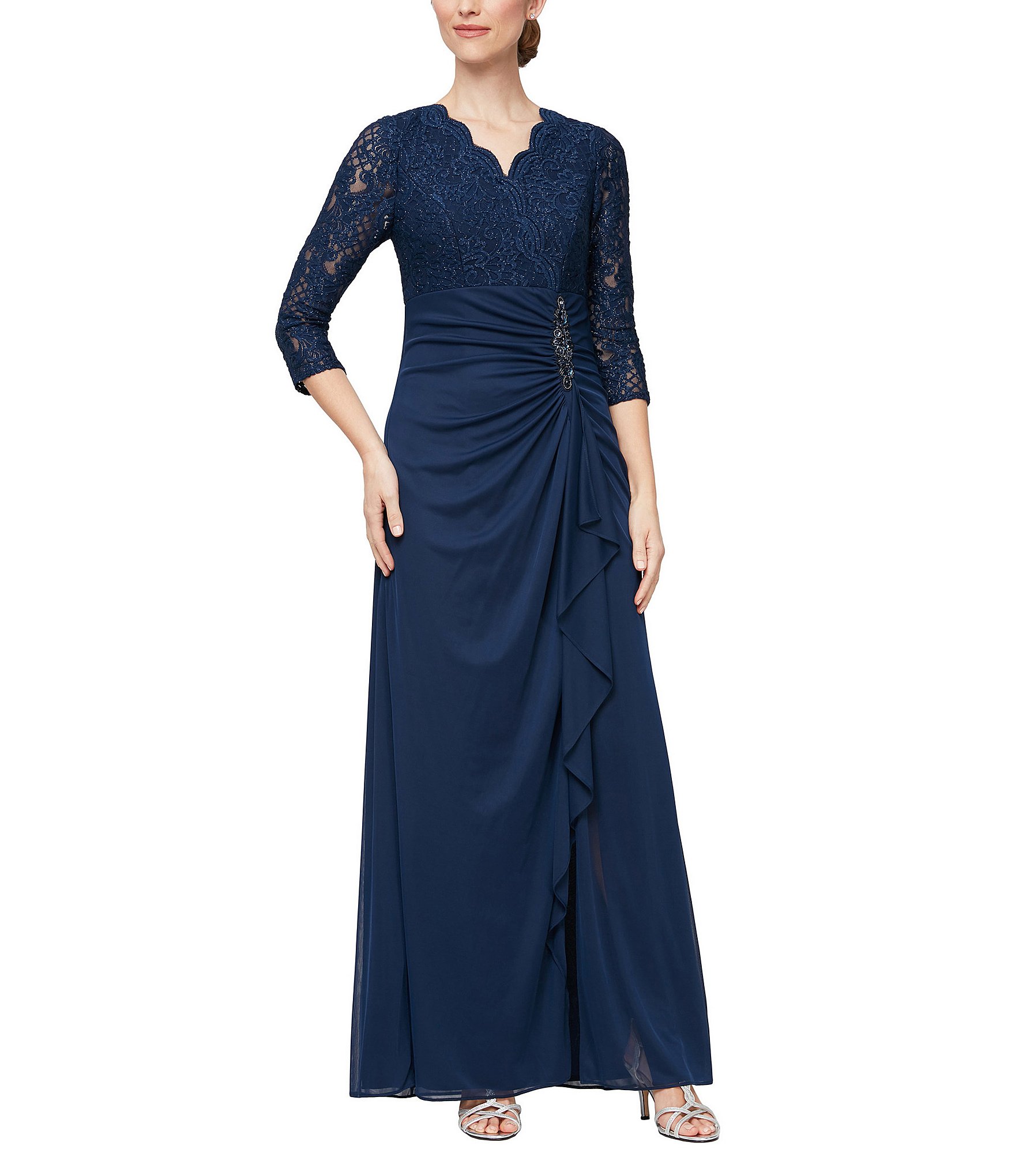 Alex Evenings Lace Mesh Surplice V-Neck 3/4 Illusion Sleeves A-Line ...