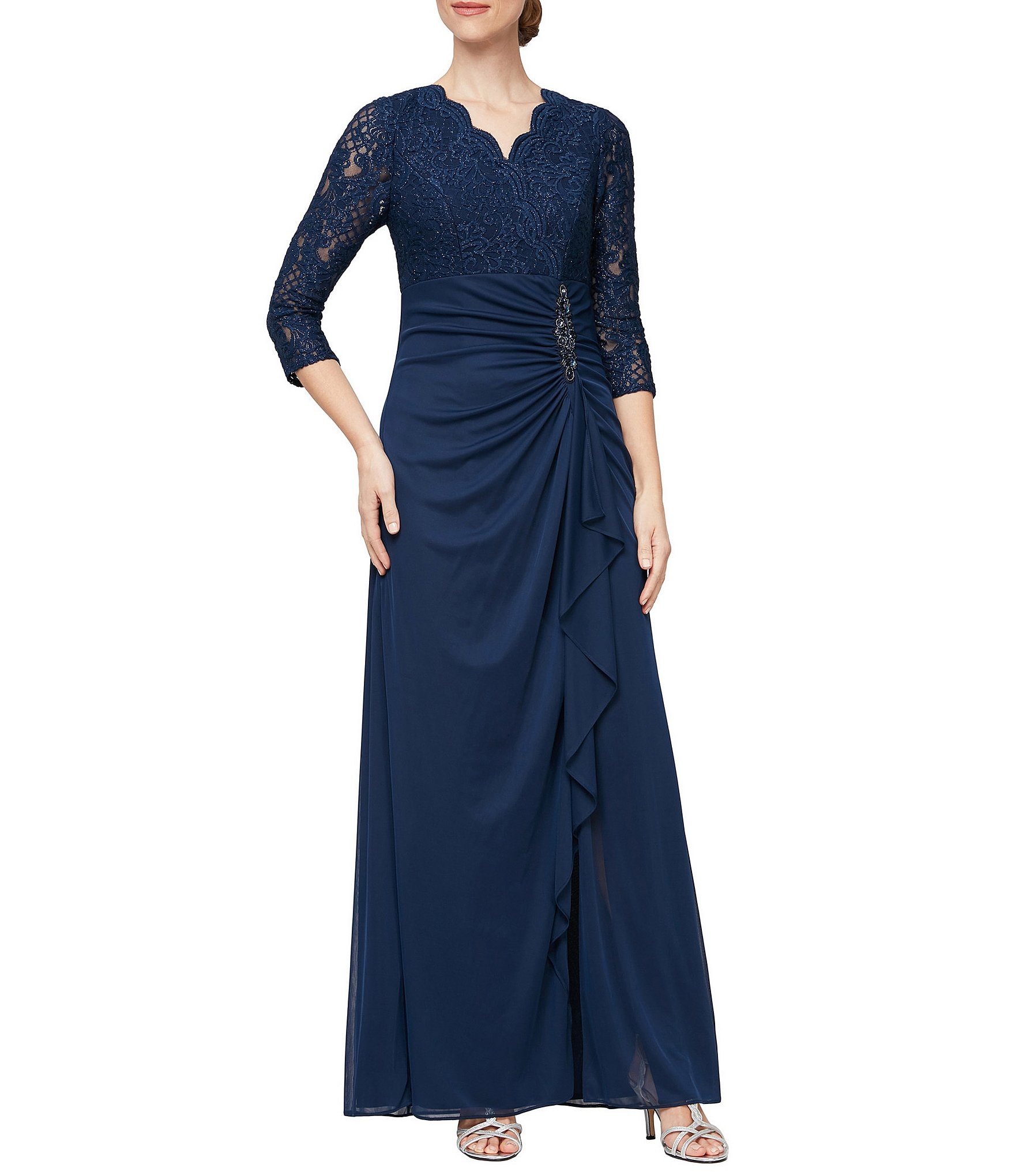 Alex Evenings Lace Mesh Surplice V-Neck 3/4 Illusion Sleeves A-Line Dress