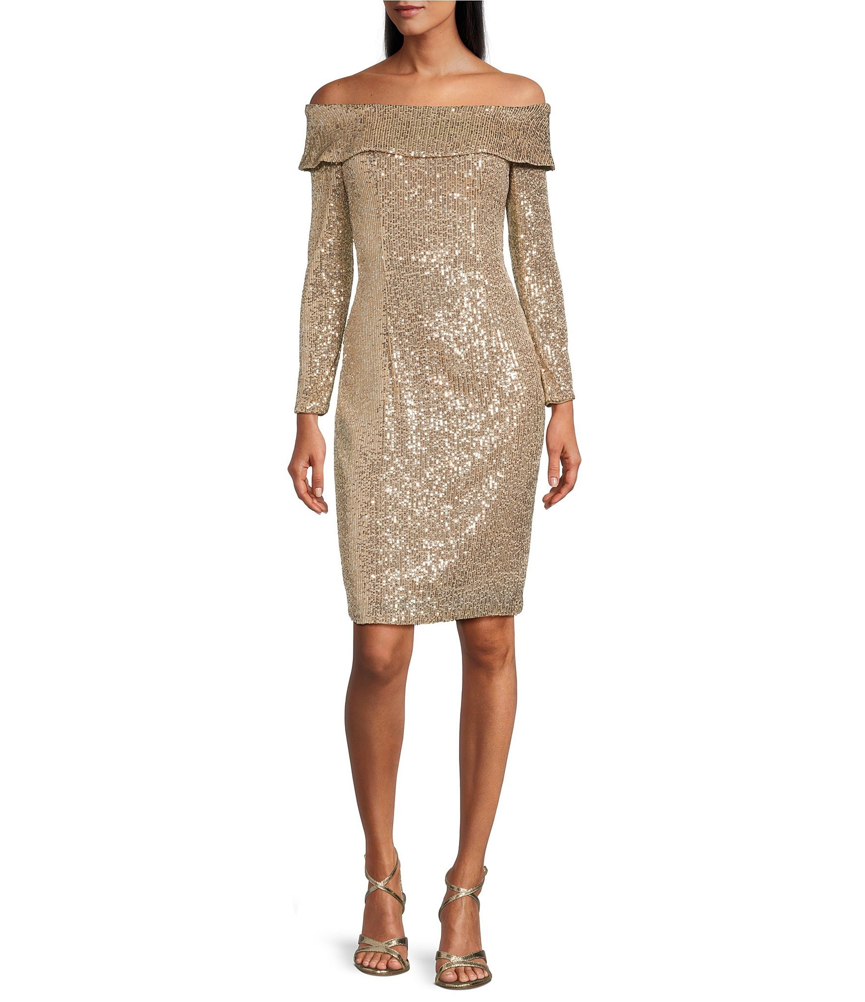 Alex Evenings Long Sleeve Off the Shoulder Sequin Sheath Dress