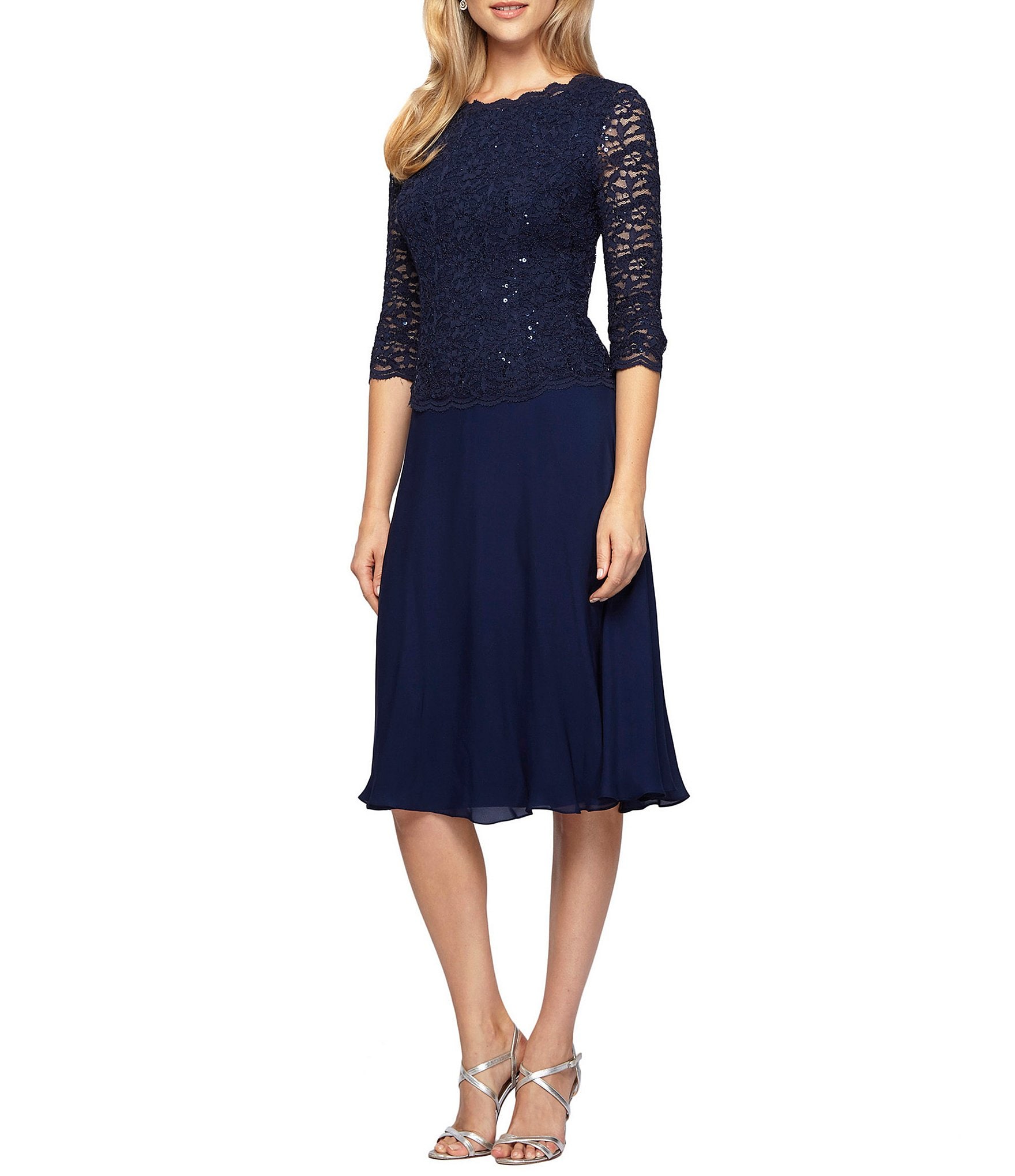 Alex Evenings Crew Neck 3 4 Sleeve Sequin Floral Lace Bodice Chiffon A Line Midi Dress Dillard s