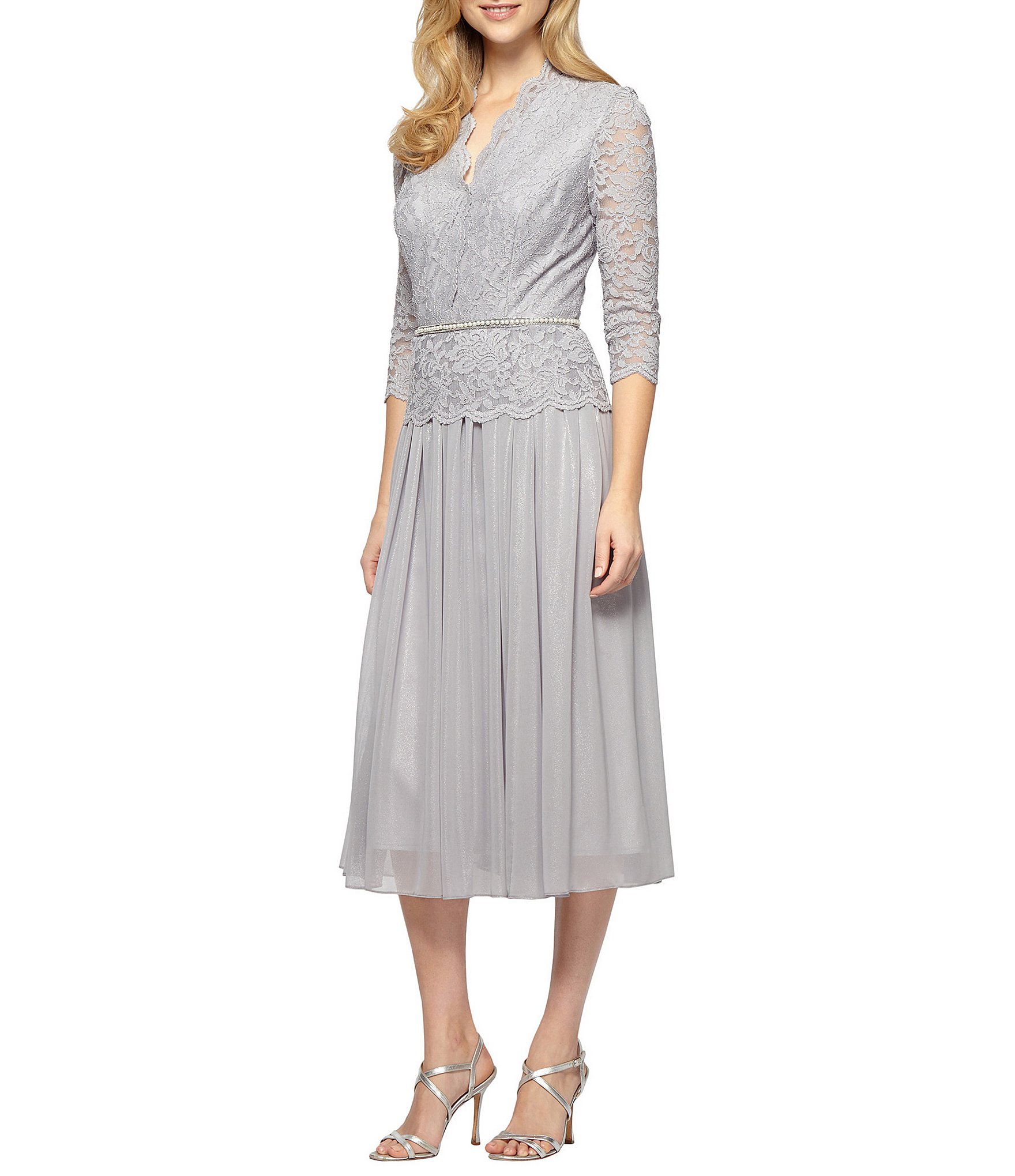 Alex Evenings Petite Lace Chiffon Tea-Length Dress | Dillards