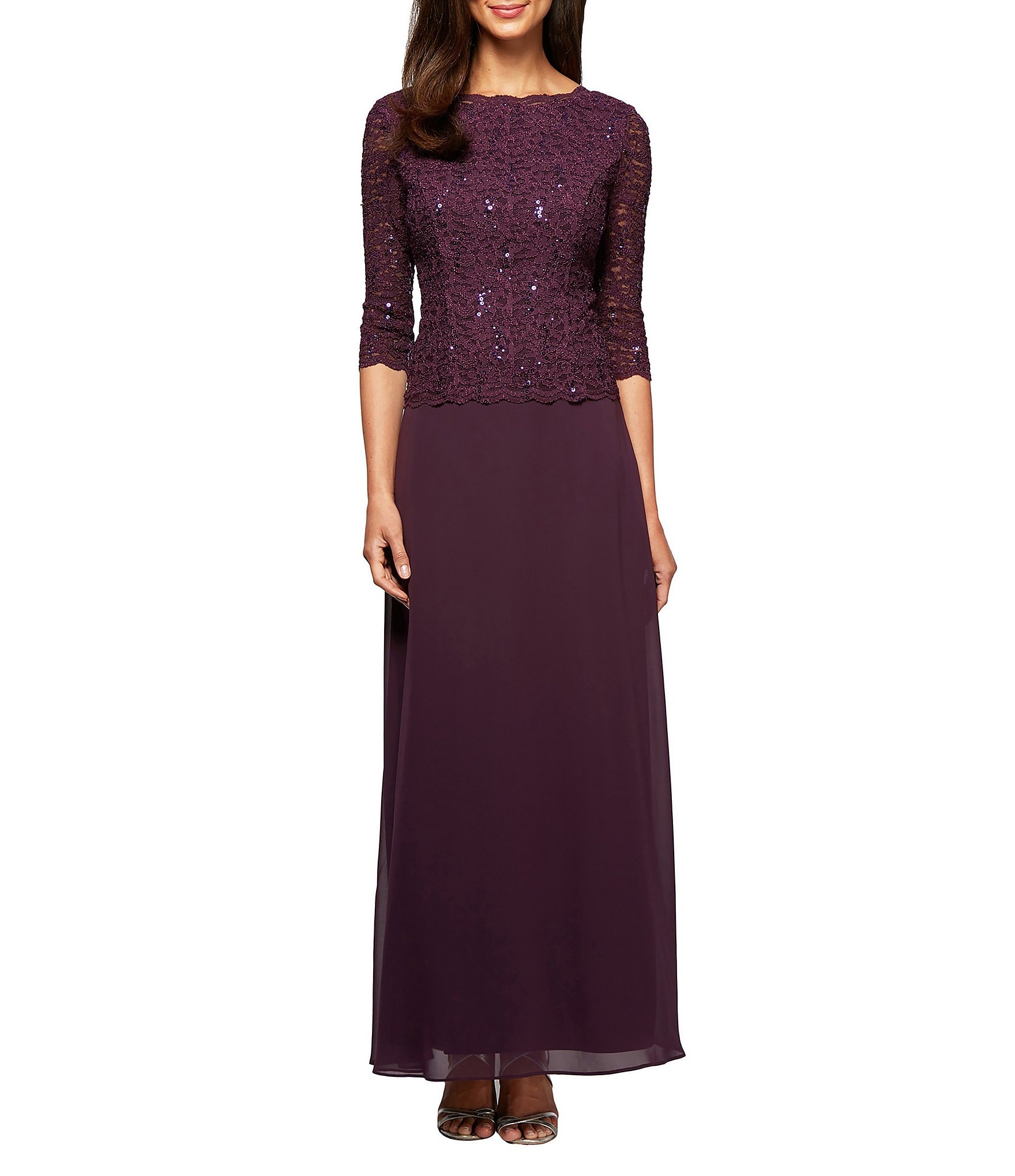 Alex Evenings Petite Size Sequined Lace Bodice Crew Neck 3/4 Sleeve Chiffon Skirted Gown