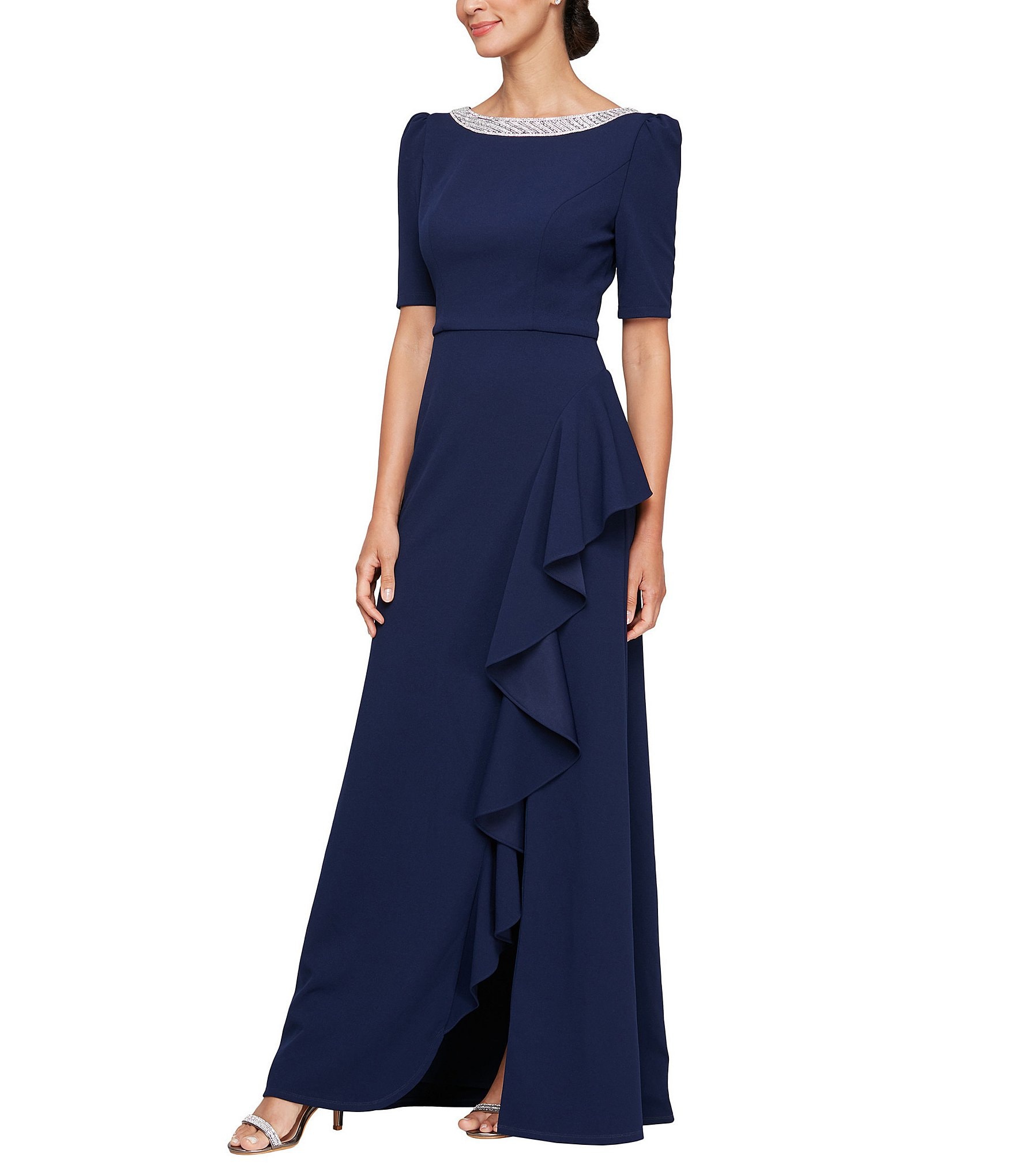Alex Evenings Petite Size Crepe Embellish Boat Neck 3/4 Sleeves Ruffle ...