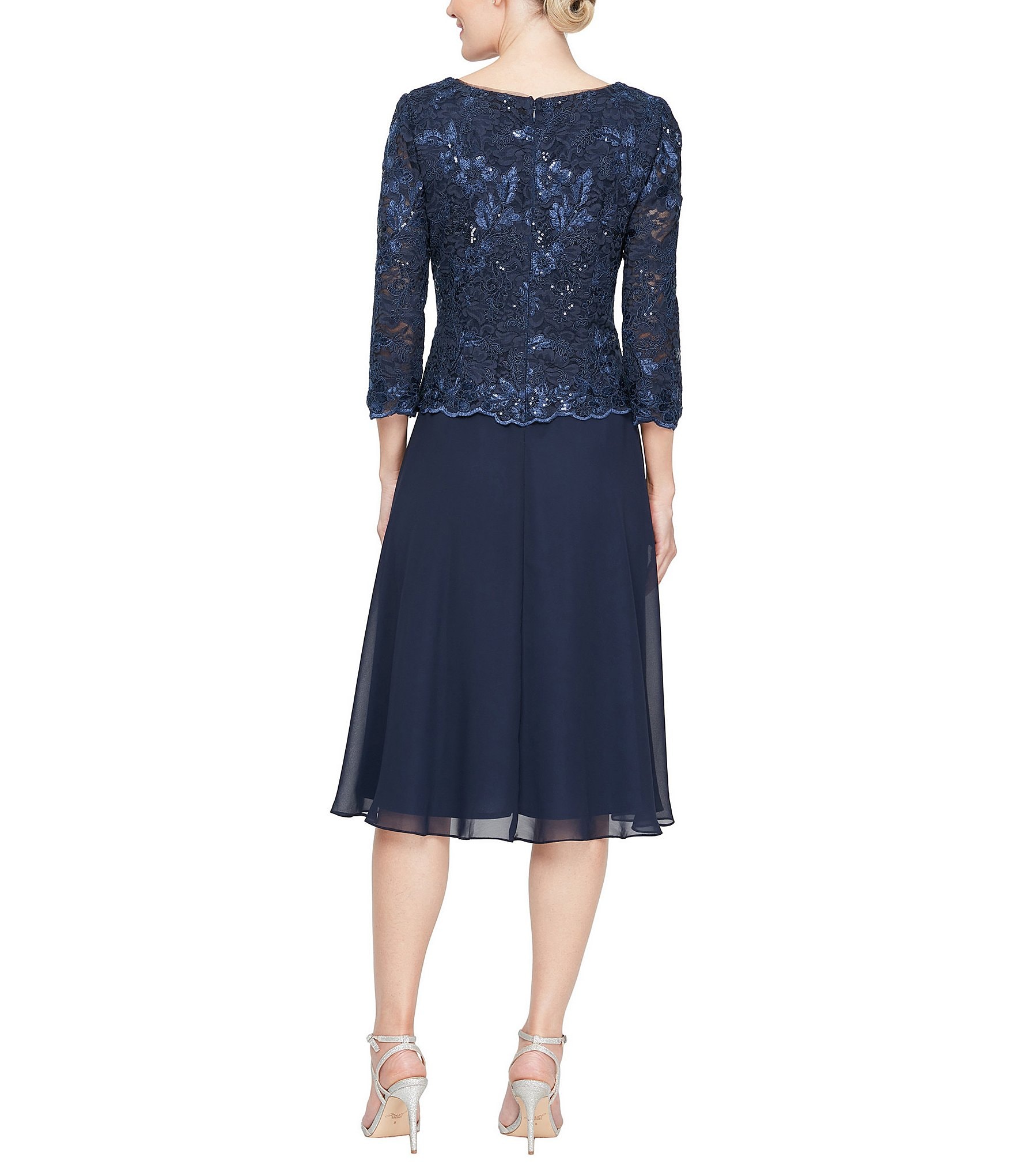 Alex Evenings Petite Size Embroidered Boat Neck 3/4 Sleeve A-Line Midi Dress