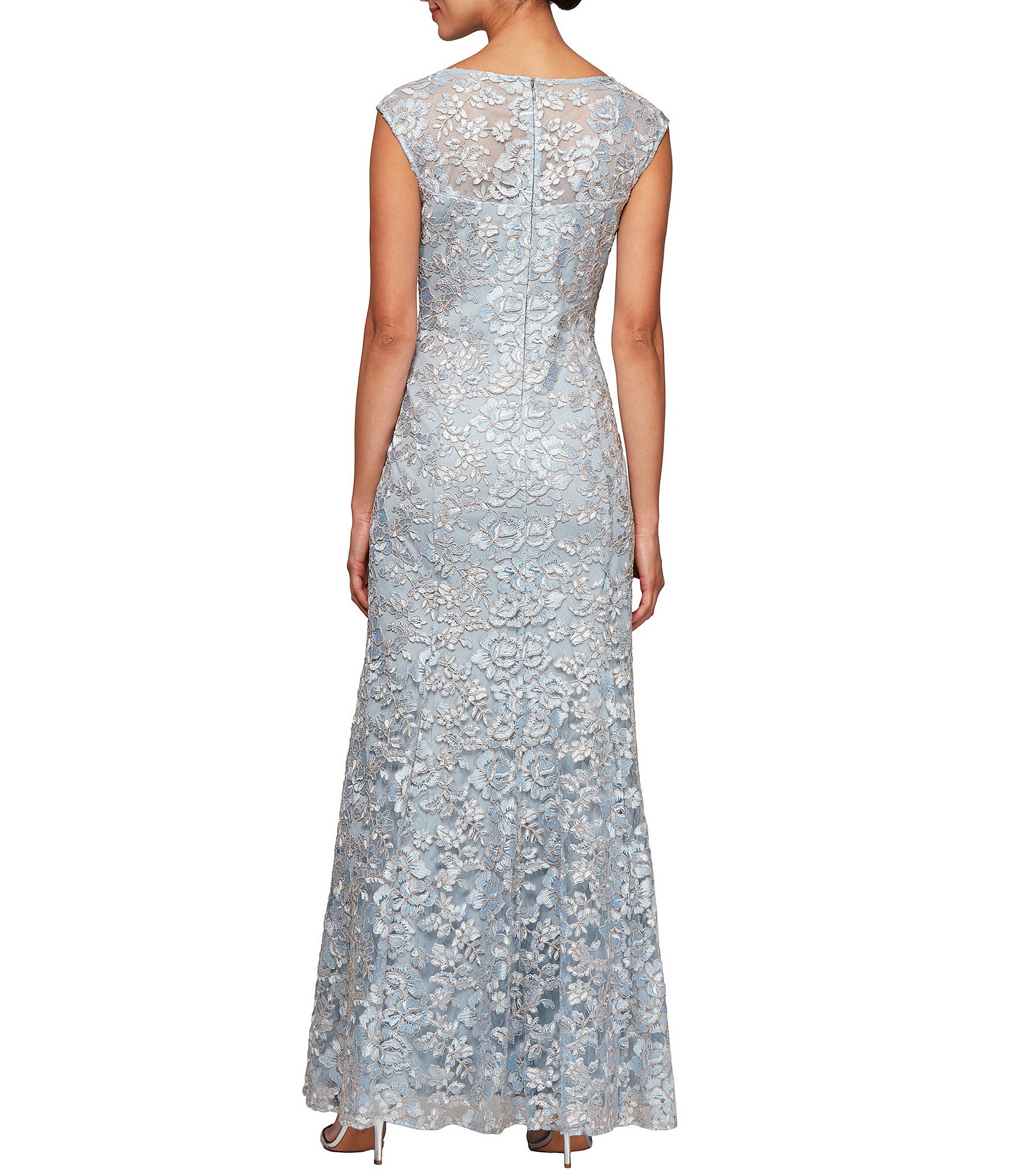 Alex Evenings Petite Size Floral Embroidered Illusion Boat Neck Cap Sleeve Gown